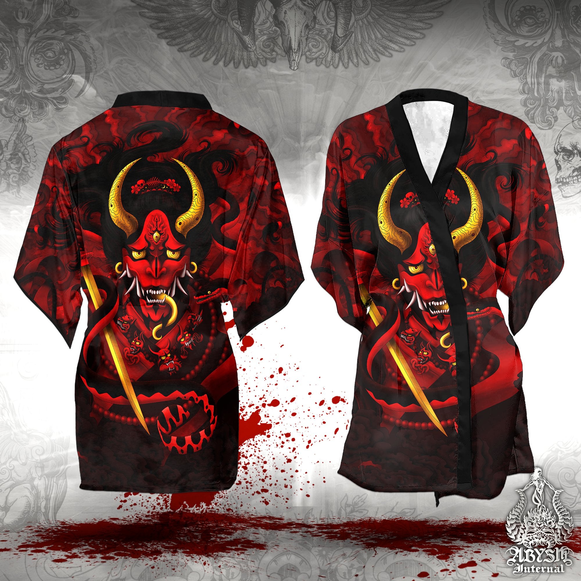 Japanese Demon Short Kimono Robe, Beach Party Outfit, Red Hannya Coverup, Oni Art, Summer Festival, Alternative Clothing, Unisex - Snake, Bloody Red Goth - Abysm Internal