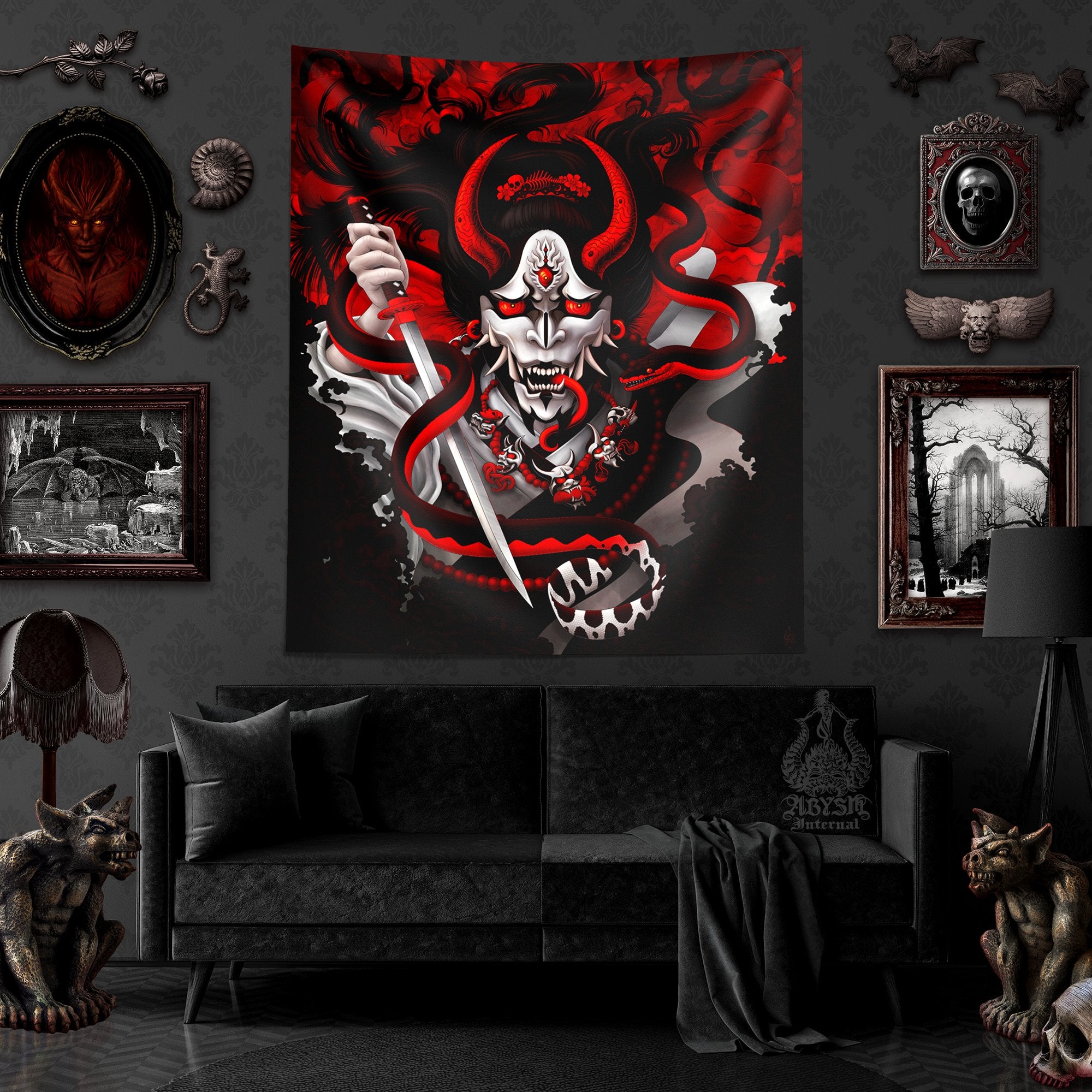 Japanese Demon Tapestry, Bloody White Goth Hannya and Snake Wall Hanging, Manga, Anime and Gamer Room Decor, Vertical Art Print - Red - Abysm Internal