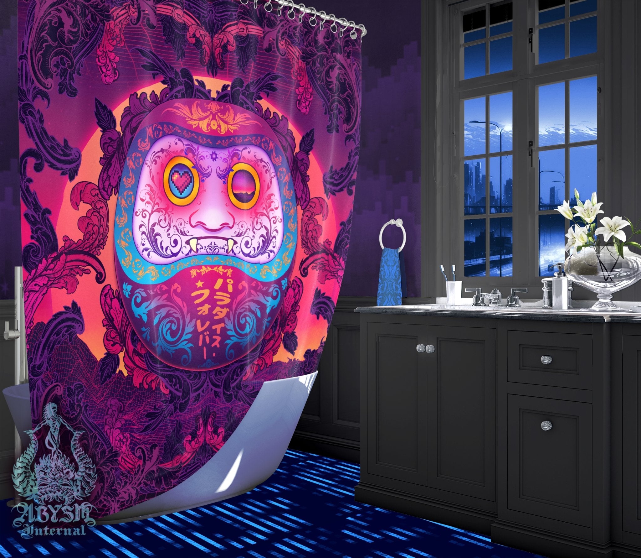 Japanese Vaporwave Shower Curtain, 71x74 inches, Synthwave Bathroom Decor, Psychedelic and Retrowave Home Art, 80s Anime - Daruma - Abysm Internal
