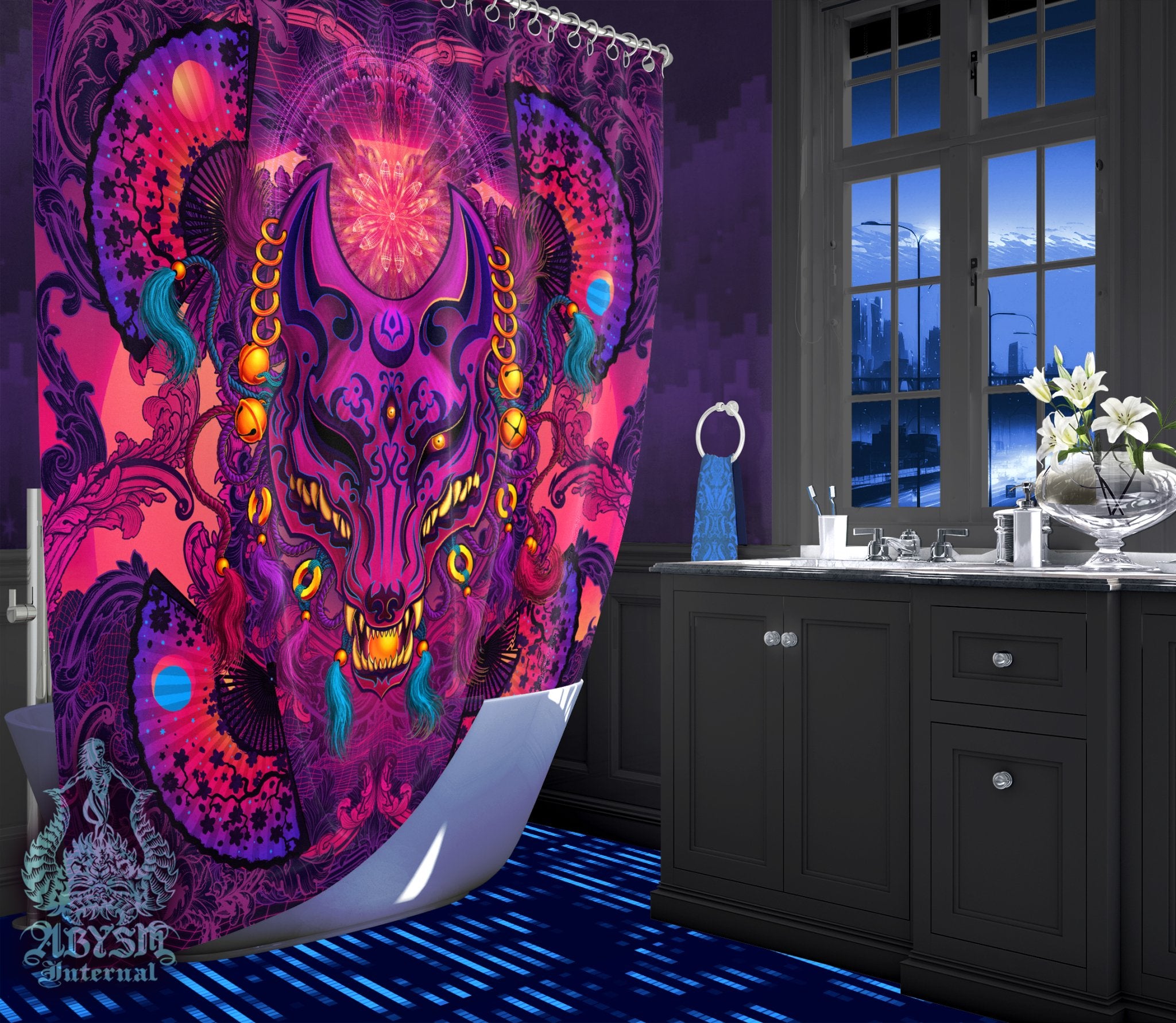 Japanese Vaporwave Shower Curtain, 71x74 inches, Synthwave Bathroom Decor, Psychedelic and Retrowave Home Art, 80s Anime - Kitsune - Abysm Internal