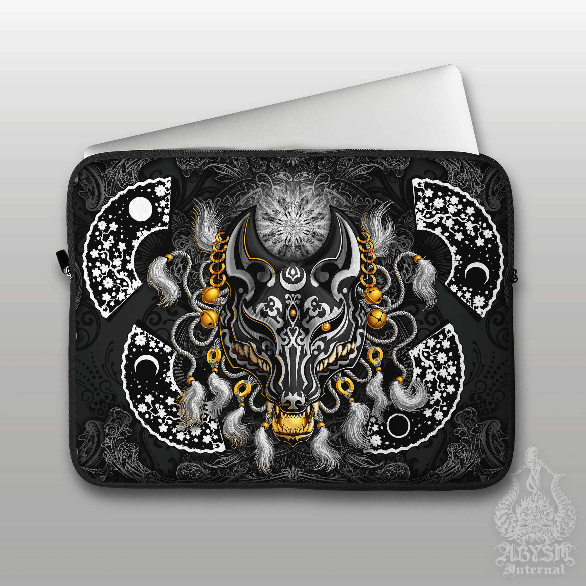 Kistune Laptop Case – Black and White Japanese Fox Mask, 13" & 15", Dark Fantasy Art, Printed Padded Soft Sleeve - Abysm Internal