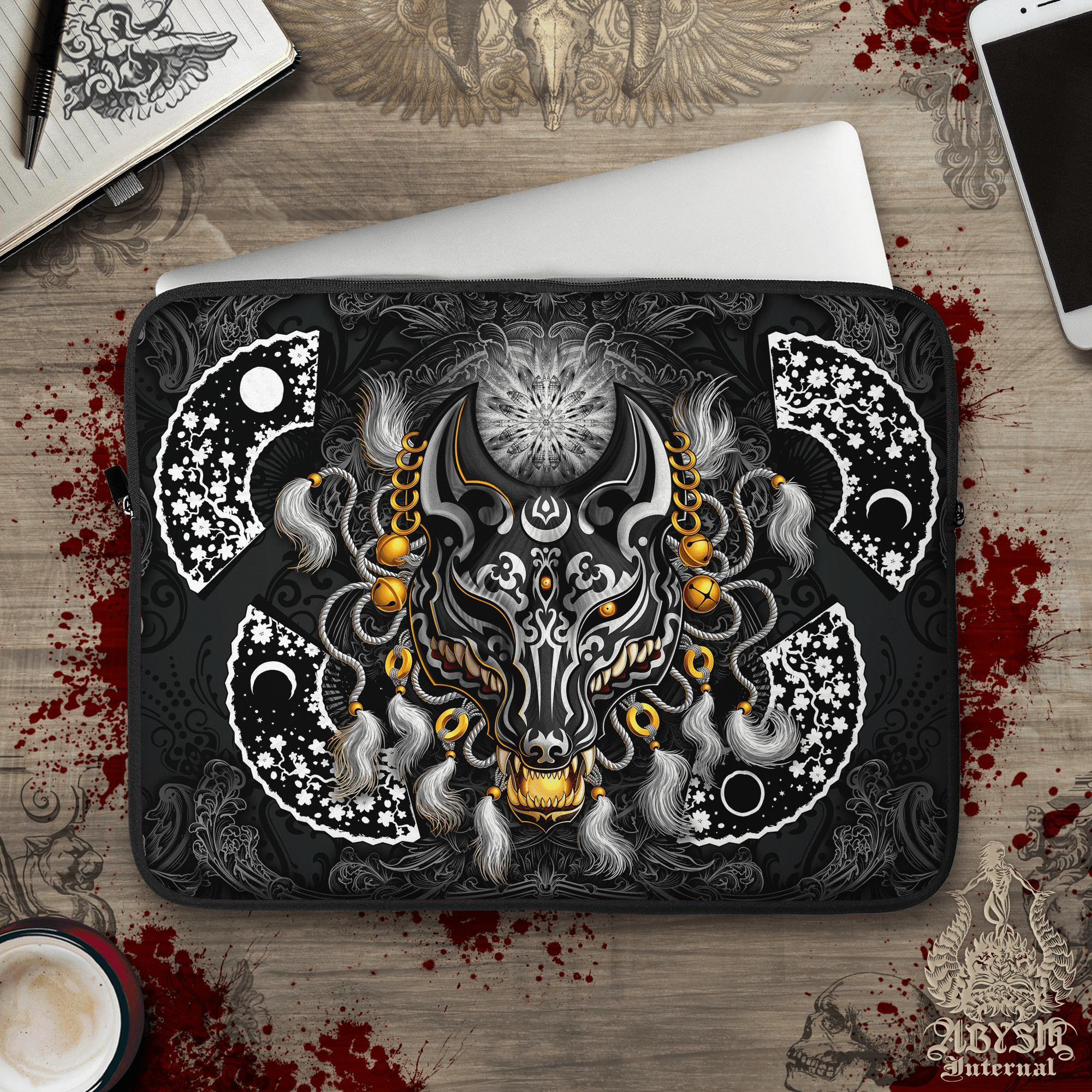 Kistune Laptop Case – Black and White Japanese Fox Mask, 13" & 15", Dark Fantasy Art, Printed Padded Soft Sleeve - Abysm Internal