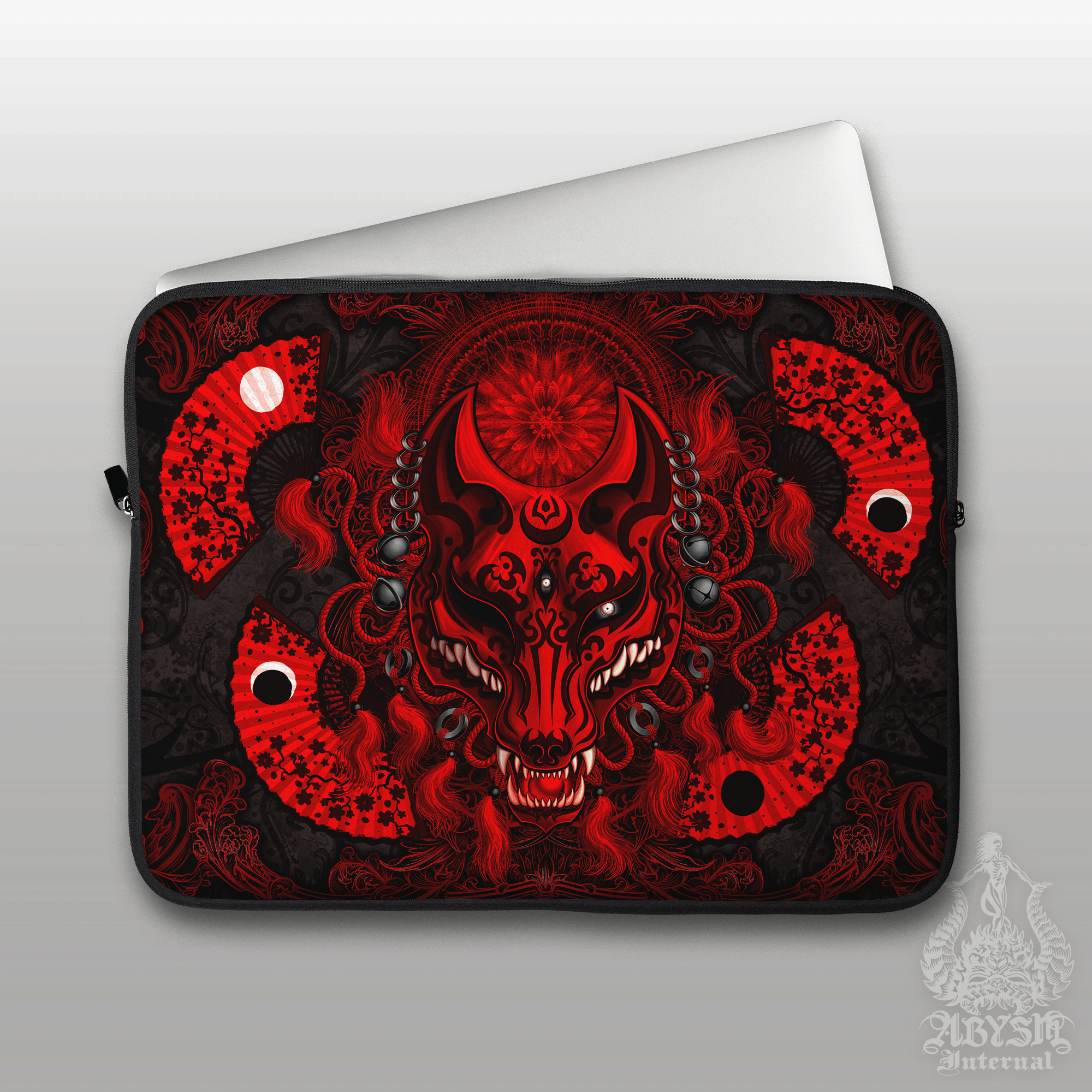 Kistune Laptop Case – Bloody Gothic, Red and Black Japanese Fox Mask, 13" & 15", Dark Fantasy Art, Printed Padded Soft Sleeve - Abysm Internal