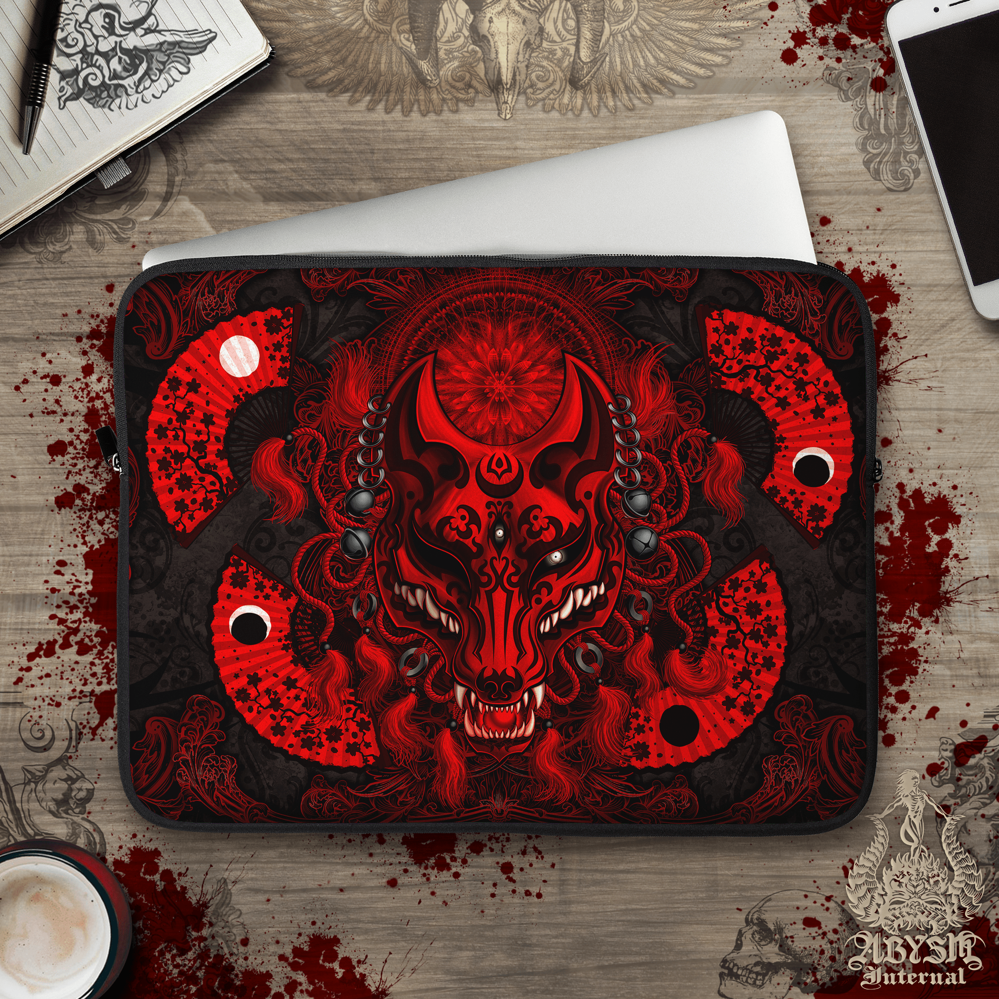 Kistune Laptop Case – Bloody Gothic, Red and Black Japanese Fox Mask, 13" & 15", Dark Fantasy Art, Printed Padded Soft Sleeve - Abysm Internal