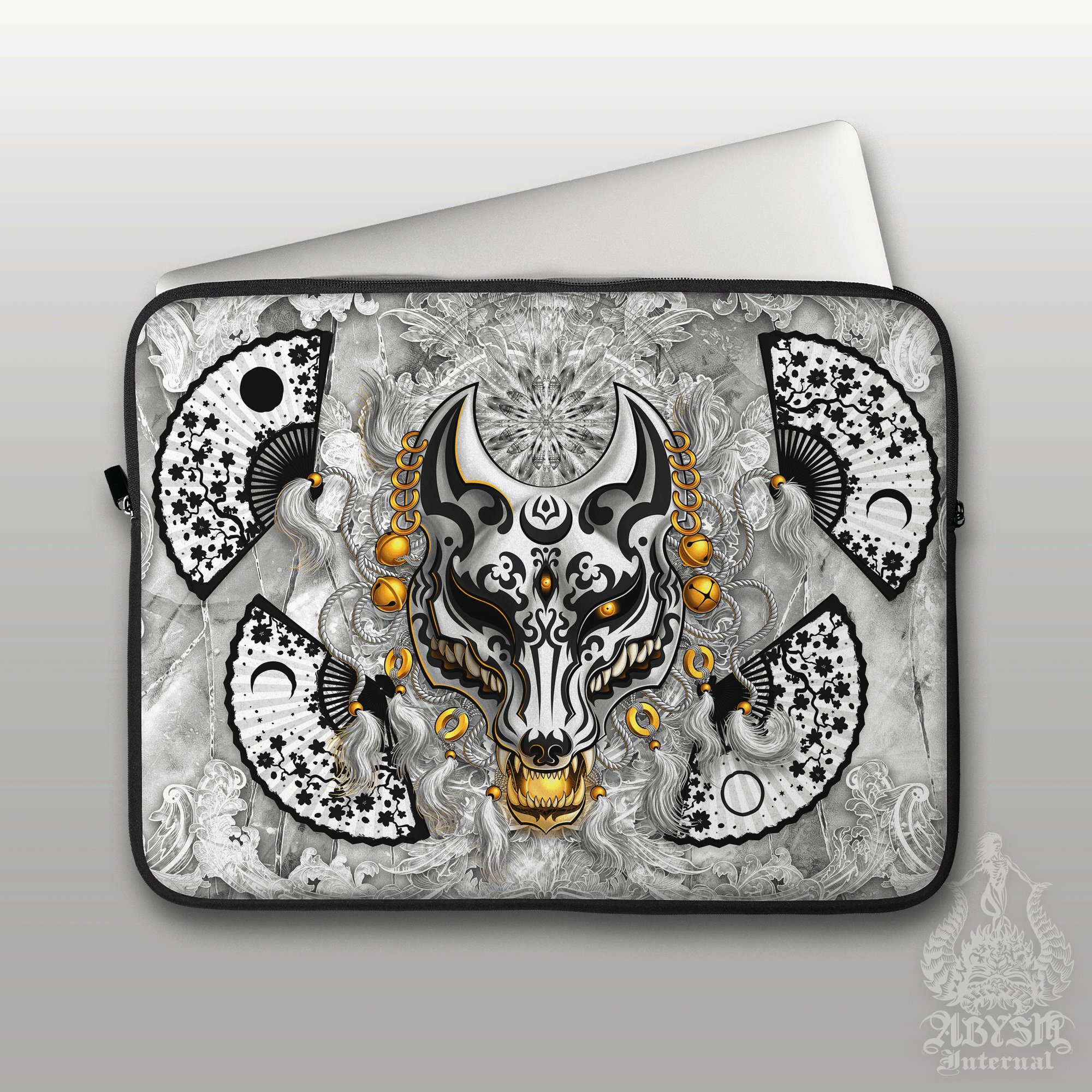 Kistune Laptop Case – White Goth and Black Japanese Fox Mask, 13" & 15", Dark Fantasy Art, Printed Padded Soft Sleeve - Abysm Internal