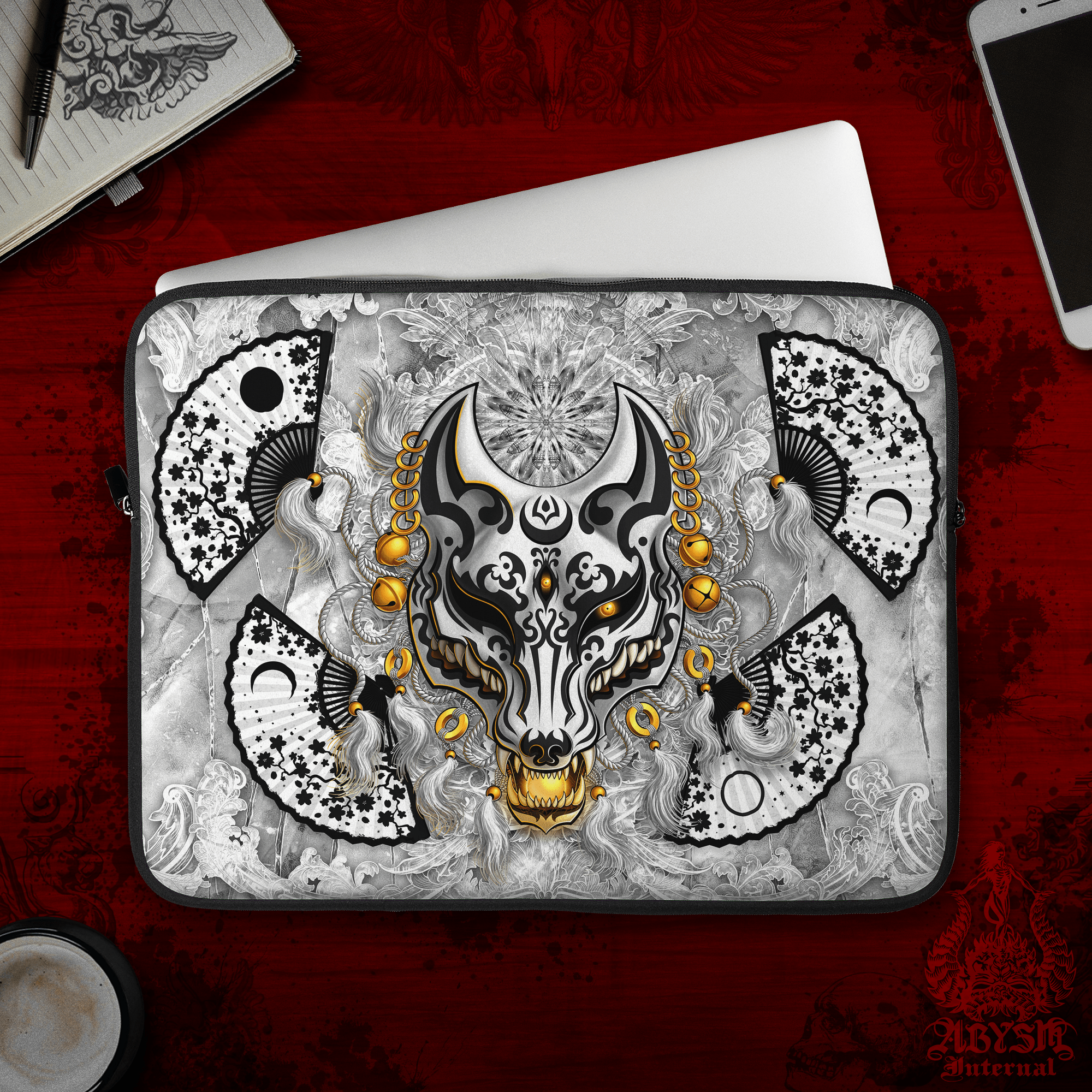 Kistune Laptop Case – White Goth and Black Japanese Fox Mask, 13" & 15", Dark Fantasy Art, Printed Padded Soft Sleeve - Abysm Internal