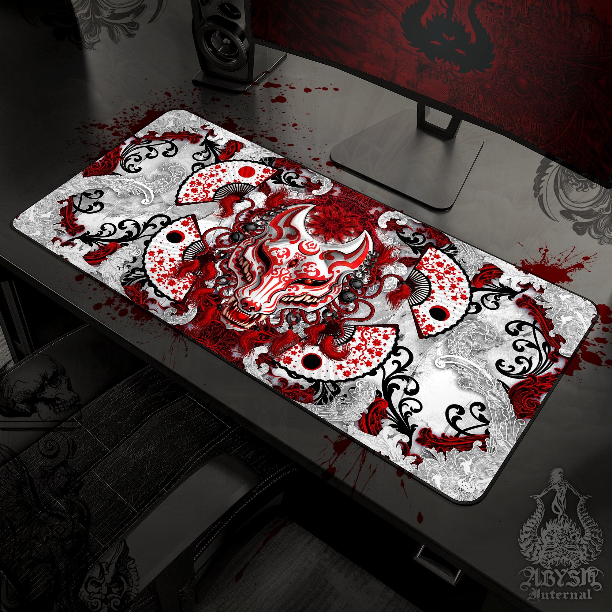 Kitsune Gaming Desk Mat, Fox Mask Mouse Pad, Manga Wolf Table Protector Cover, Japanese Anime Okami Workpad, Youkai Art Print - Bloody White Goth - Abysm Internal