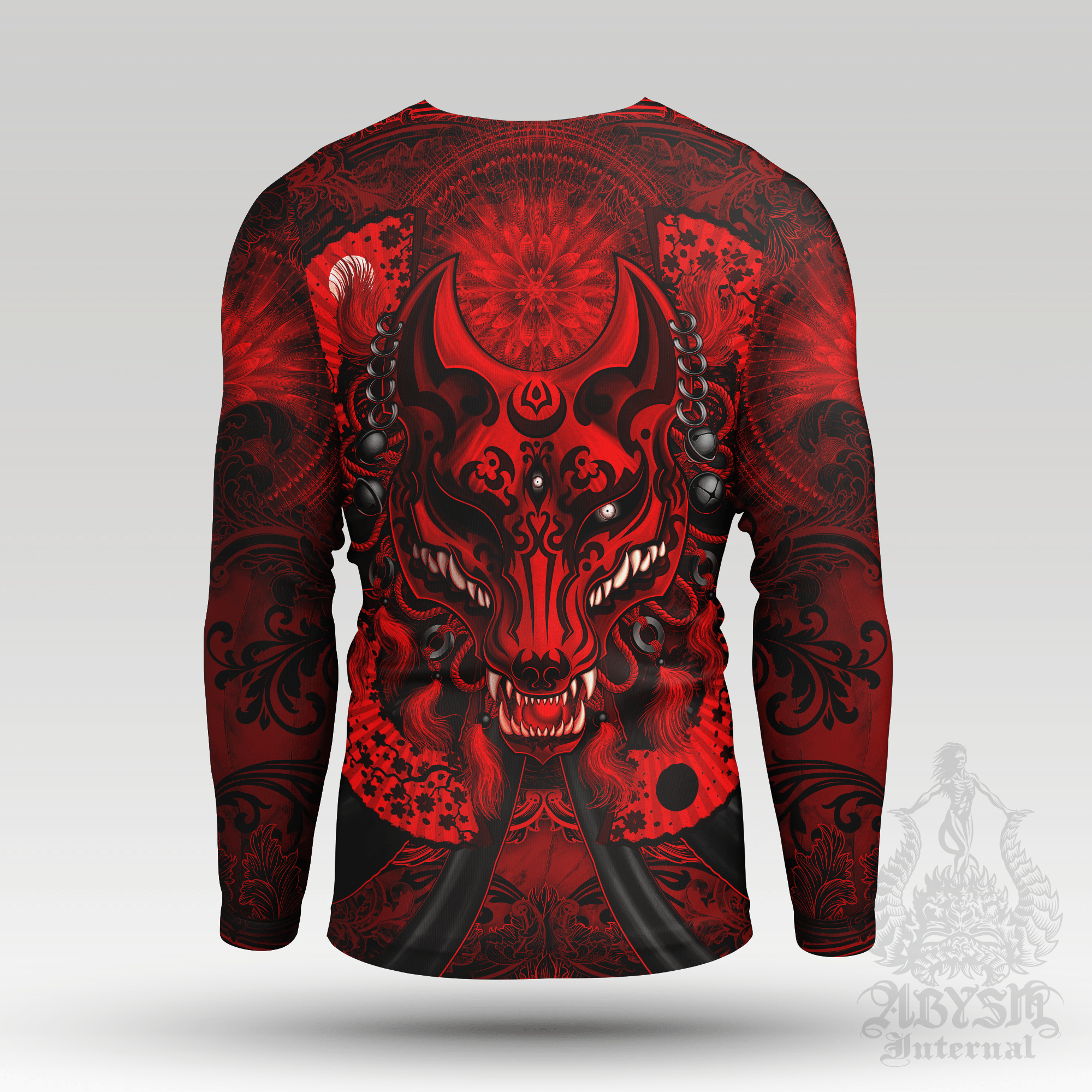 Kitsune Rash Guard - Bloody Gothic Long Sleeve Surf Shirt, Black Red Japanese Fox Water Sports Top | Fantasy Art UV Protection Activewear for Men and Women - Abysm Internal