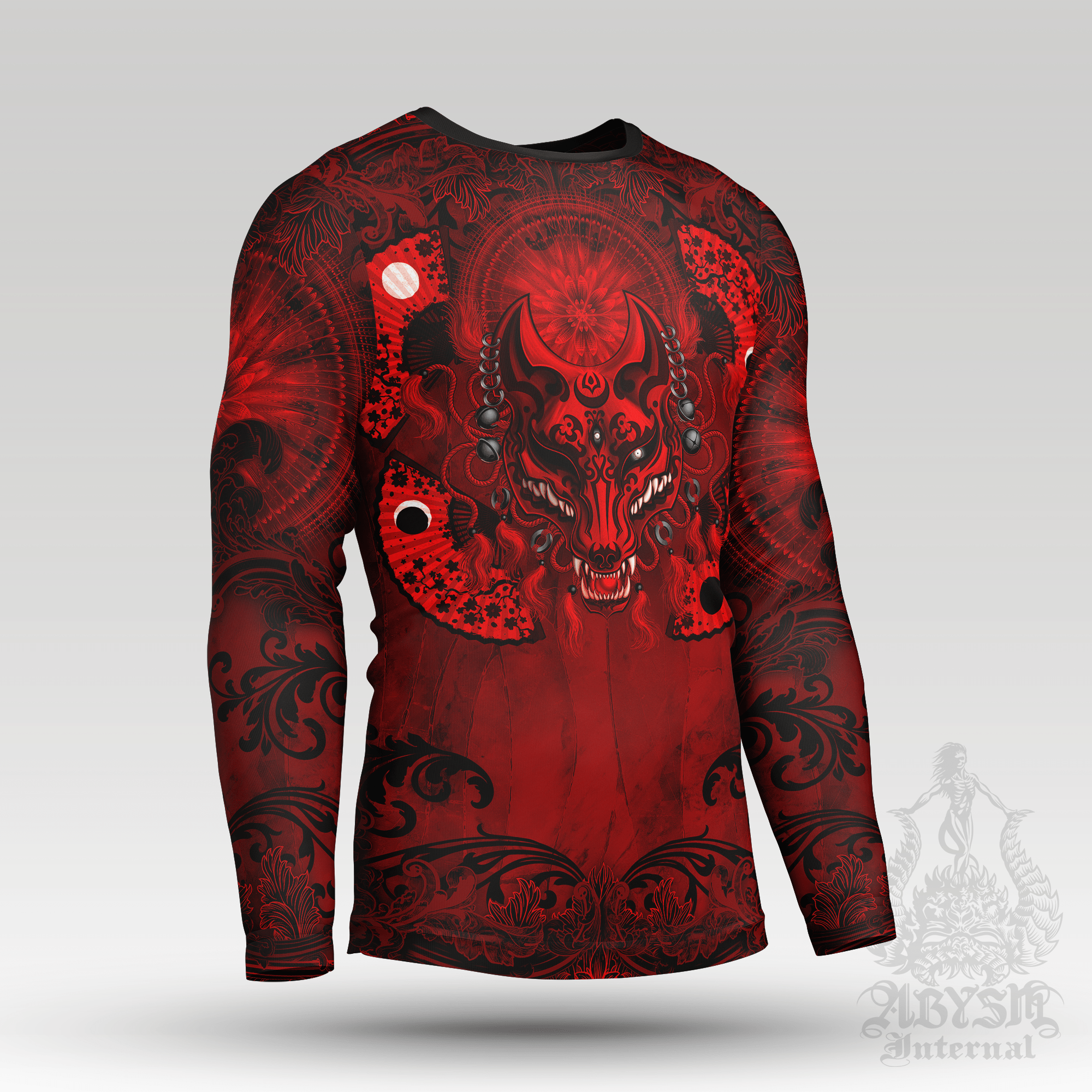 Kitsune Rash Guard - Bloody Gothic Long Sleeve Surf Shirt, Black Red Japanese Fox Water Sports Top | Fantasy Art UV Protection Activewear for Men and Women - Abysm Internal
