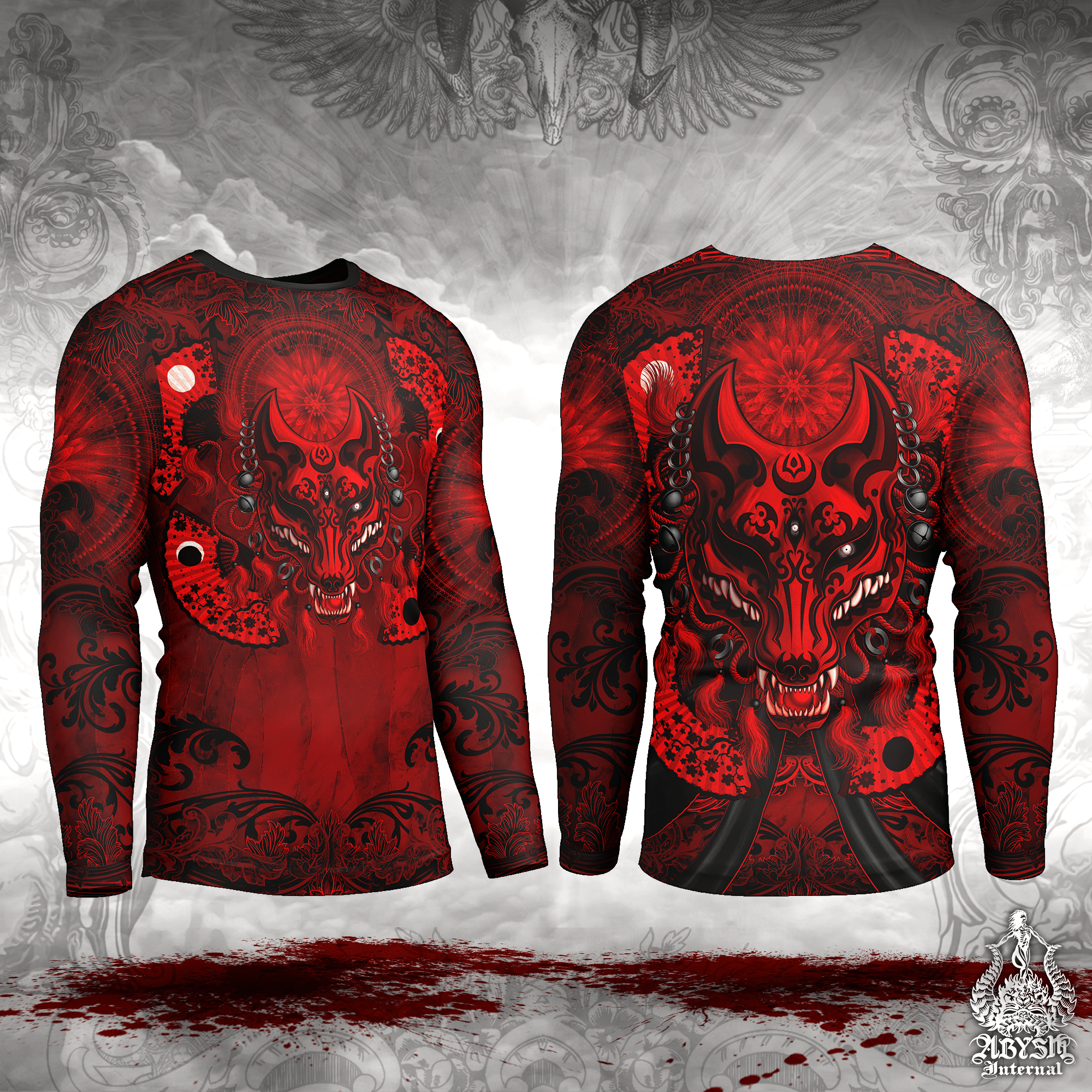 Kitsune Rash Guard - Bloody Gothic Long Sleeve Surf Shirt, Black Red Japanese Fox Water Sports Top | Fantasy Art UV Protection Activewear for Men and Women - Abysm Internal