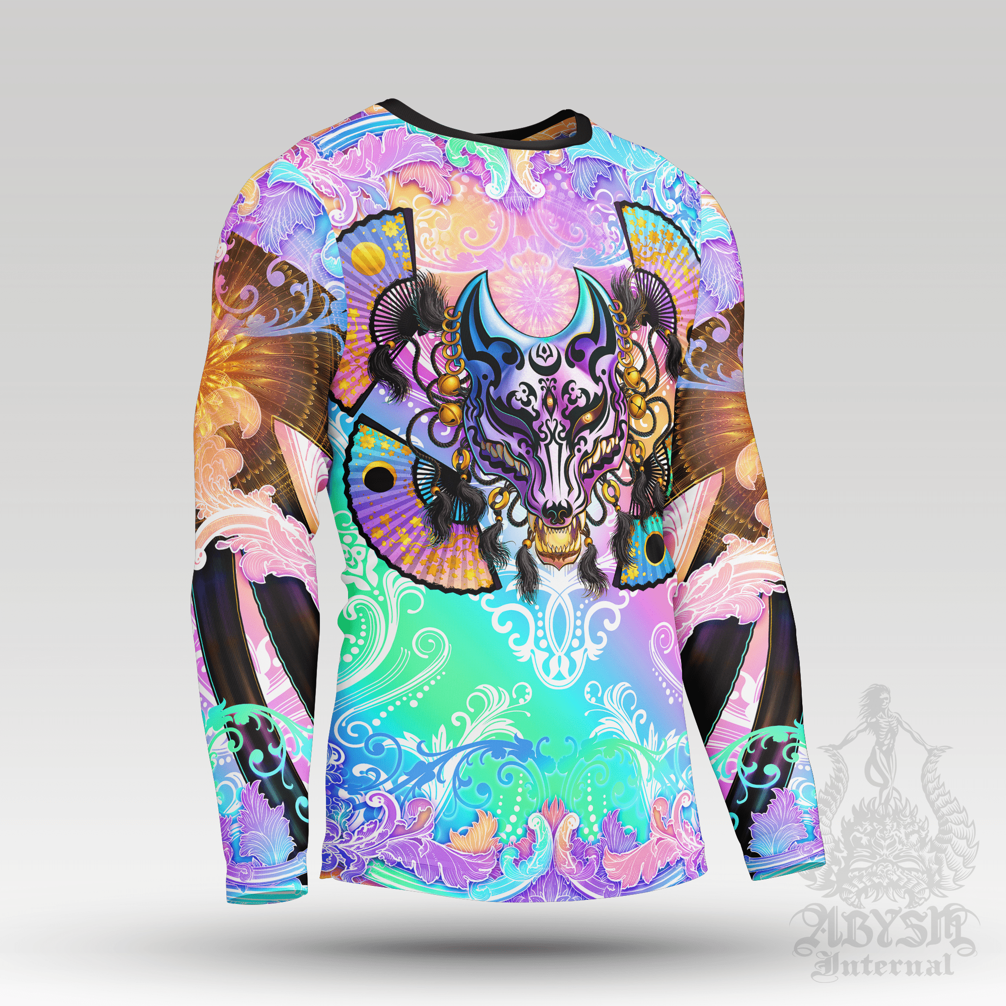 Kitsune Rash Guard - Japanese Fox Long Sleeve Surf Shirt, Harajuku Pastel Black Water Sports Top | Psychedelic Art UV Protection Activewear for Men and Women - Abysm Internal
