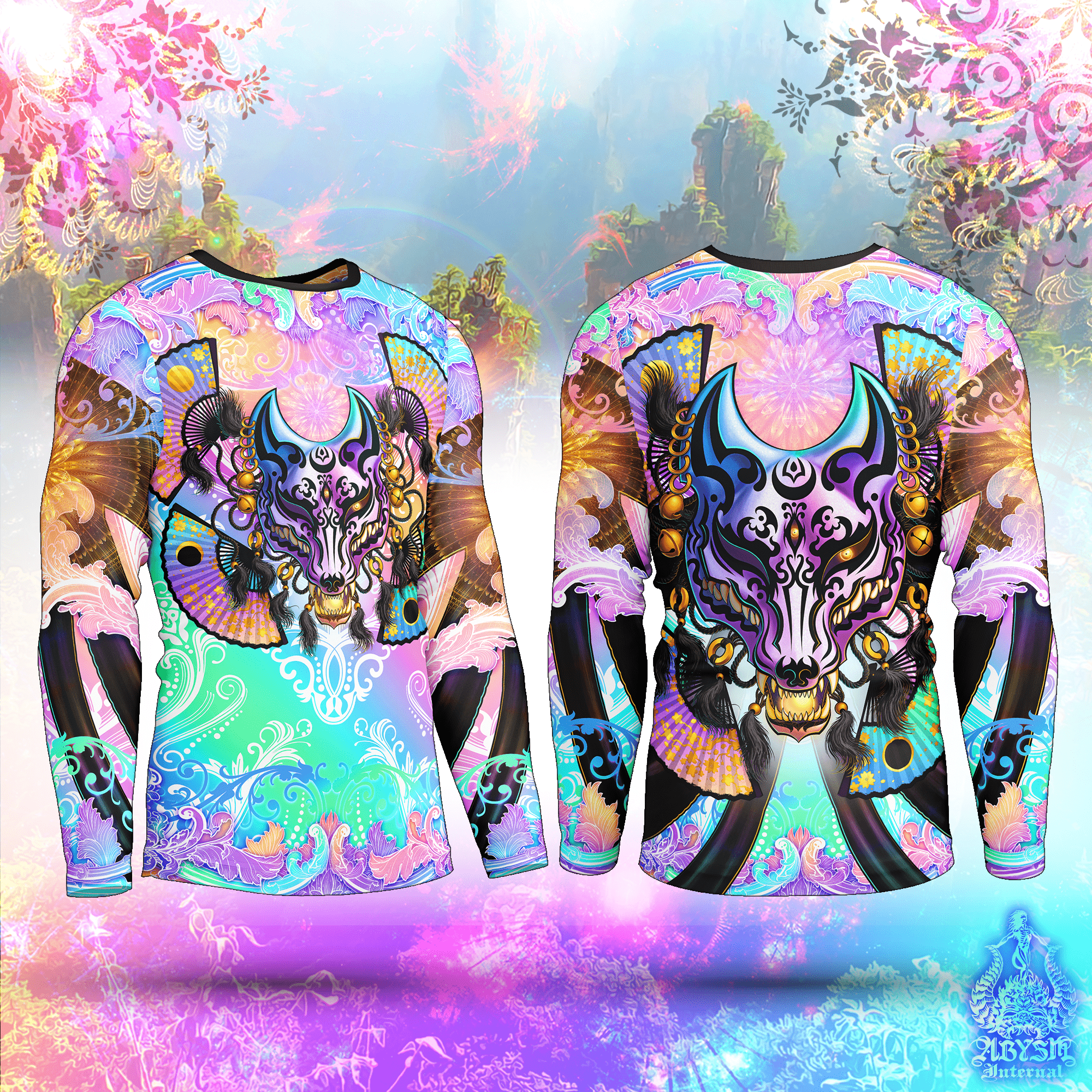Kitsune Rash Guard - Japanese Fox Long Sleeve Surf Shirt, Harajuku Pastel Black Water Sports Top | Psychedelic Art UV Protection Activewear for Men and Women - Abysm Internal