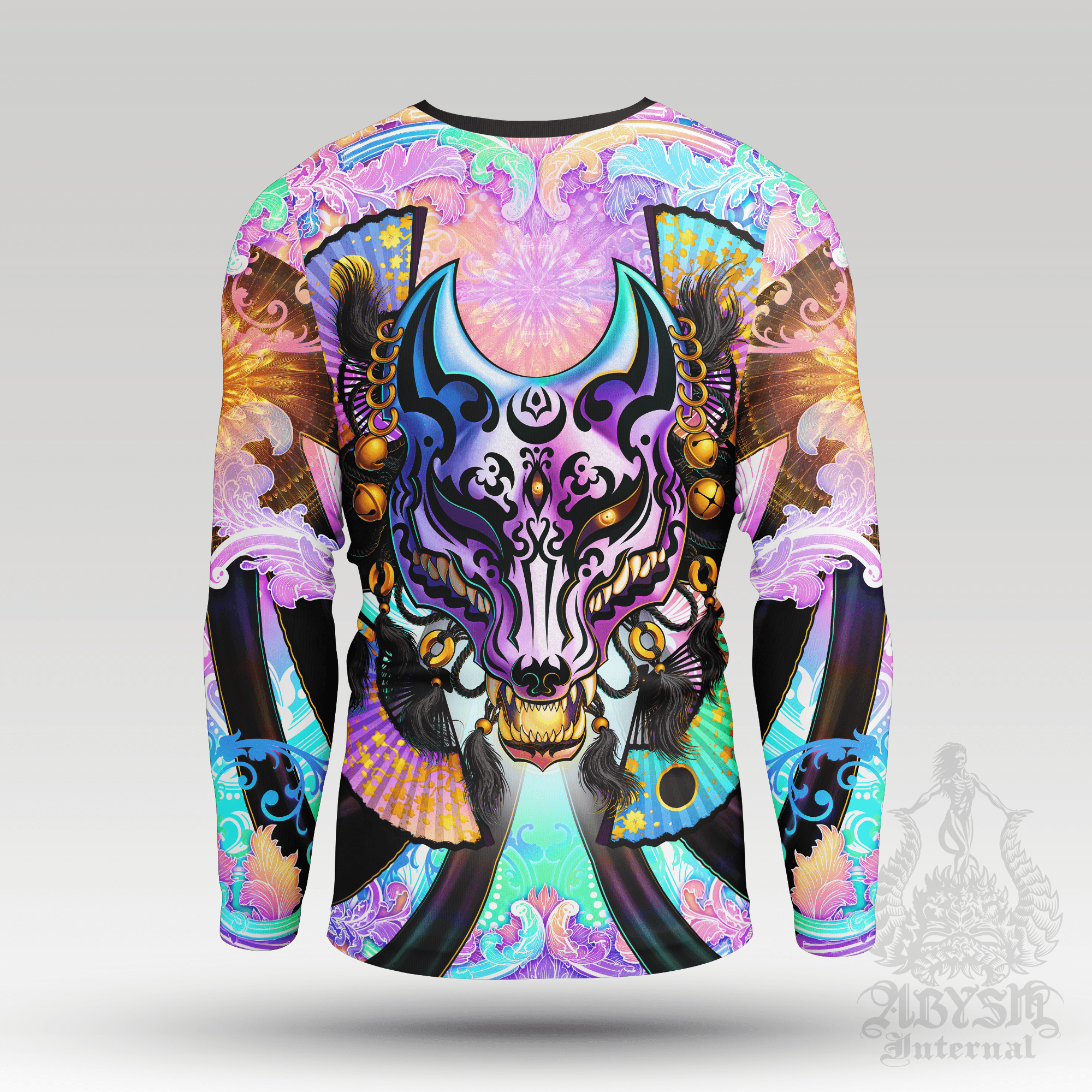 Kitsune Rash Guard - Japanese Fox Long Sleeve Surf Shirt, Harajuku Pastel Black Water Sports Top | Psychedelic Art UV Protection Activewear for Men and Women - Abysm Internal