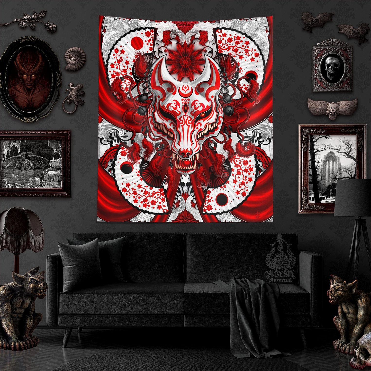 Kitsune Tapestry, Goth Wall Hanging, Anime and Gamer Home Decor,, Okami, Fox Mask - Bloody White - Abysm Internal