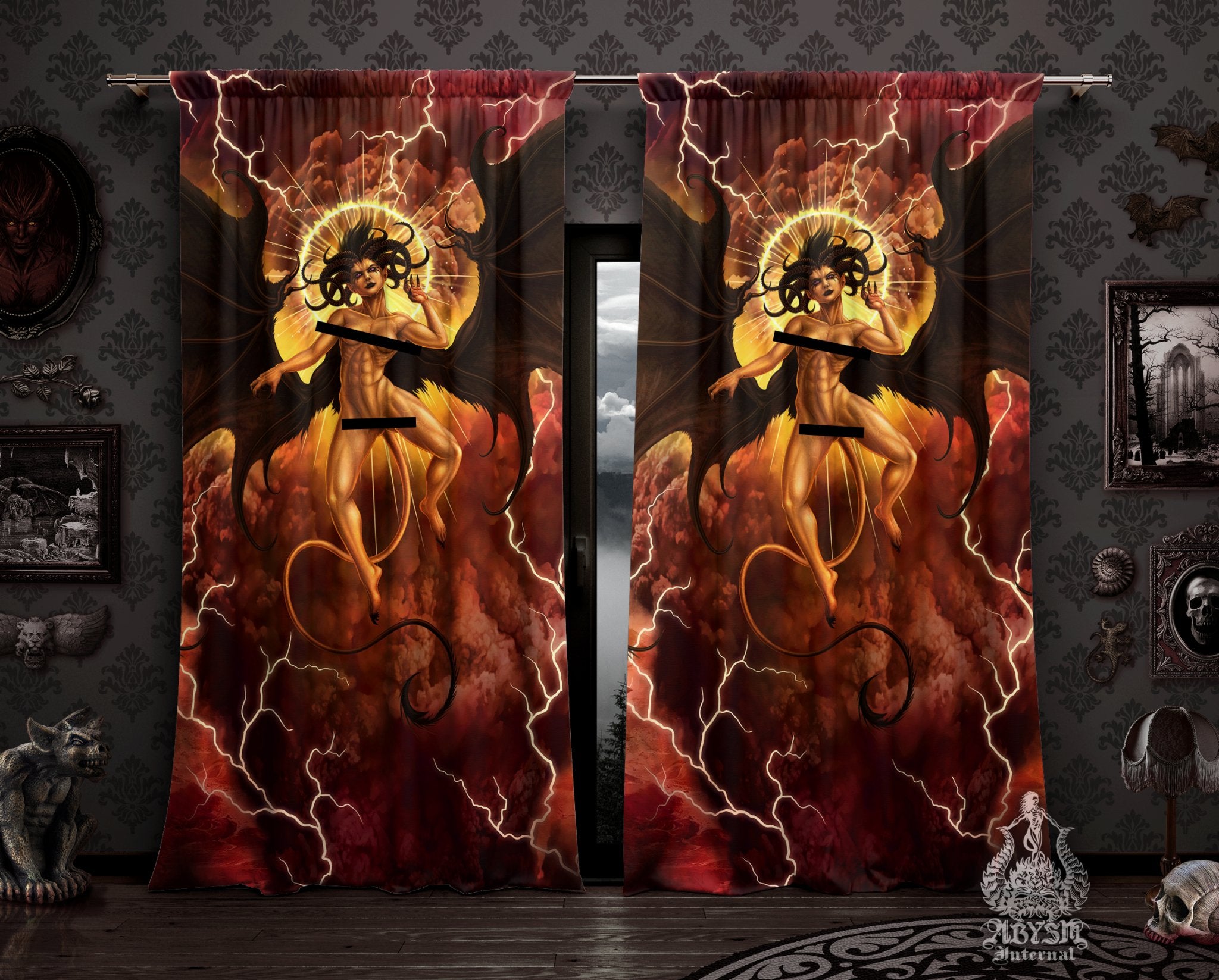 Lilith Curtains, 50x84' Printed Window Panels, NSFW Demoness, Dark Erotic Art Print, Satanic Decor - Nude, Semi or Clothed, 3 versions - Abysm Internal