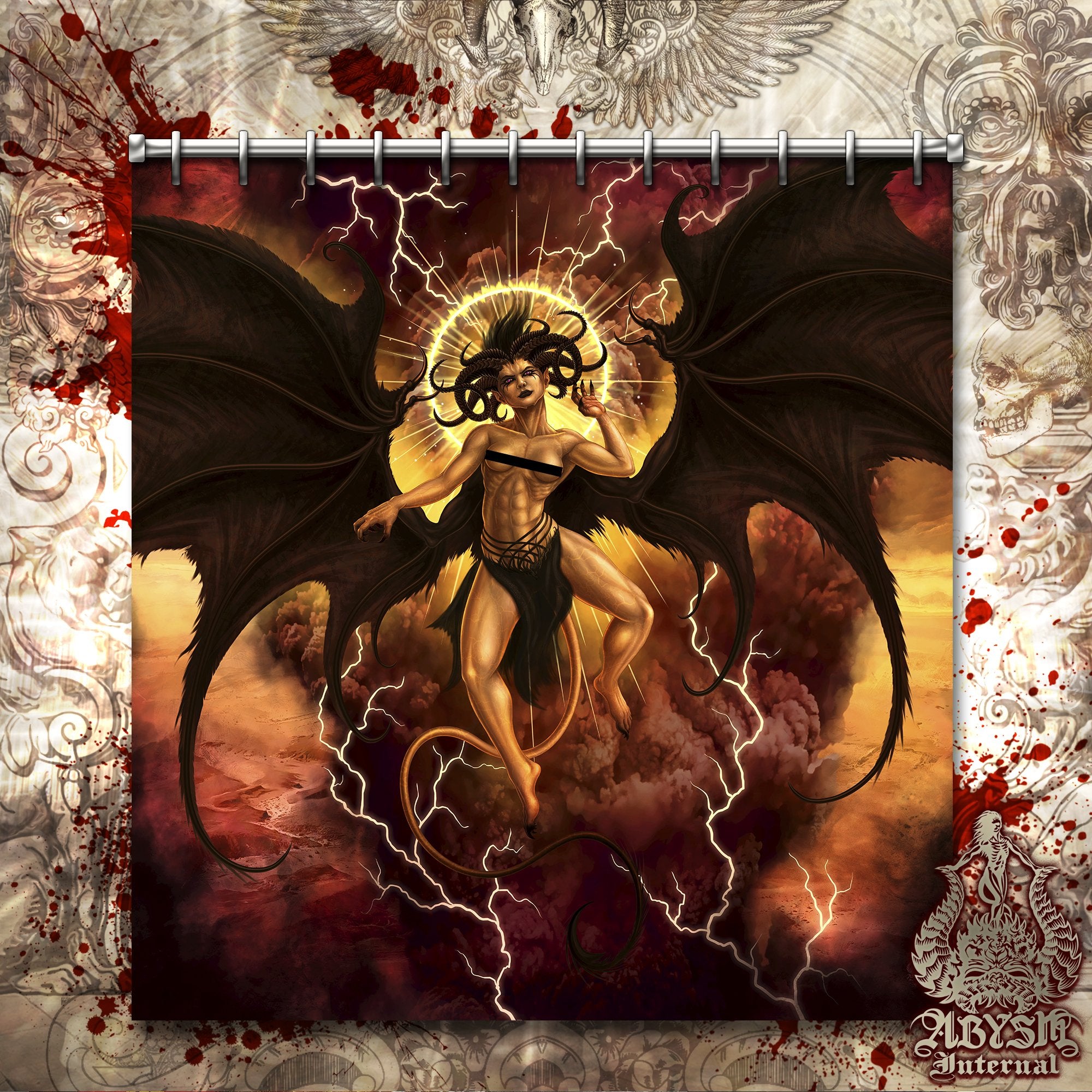 Lilith Shower Curtain, 71x74 inches, Demon Art, NSFW Satanic Bathroom Decor, Dark and Erotic Fantasy - Clothed, Semi, Nude, 3 Options - Abysm Internal