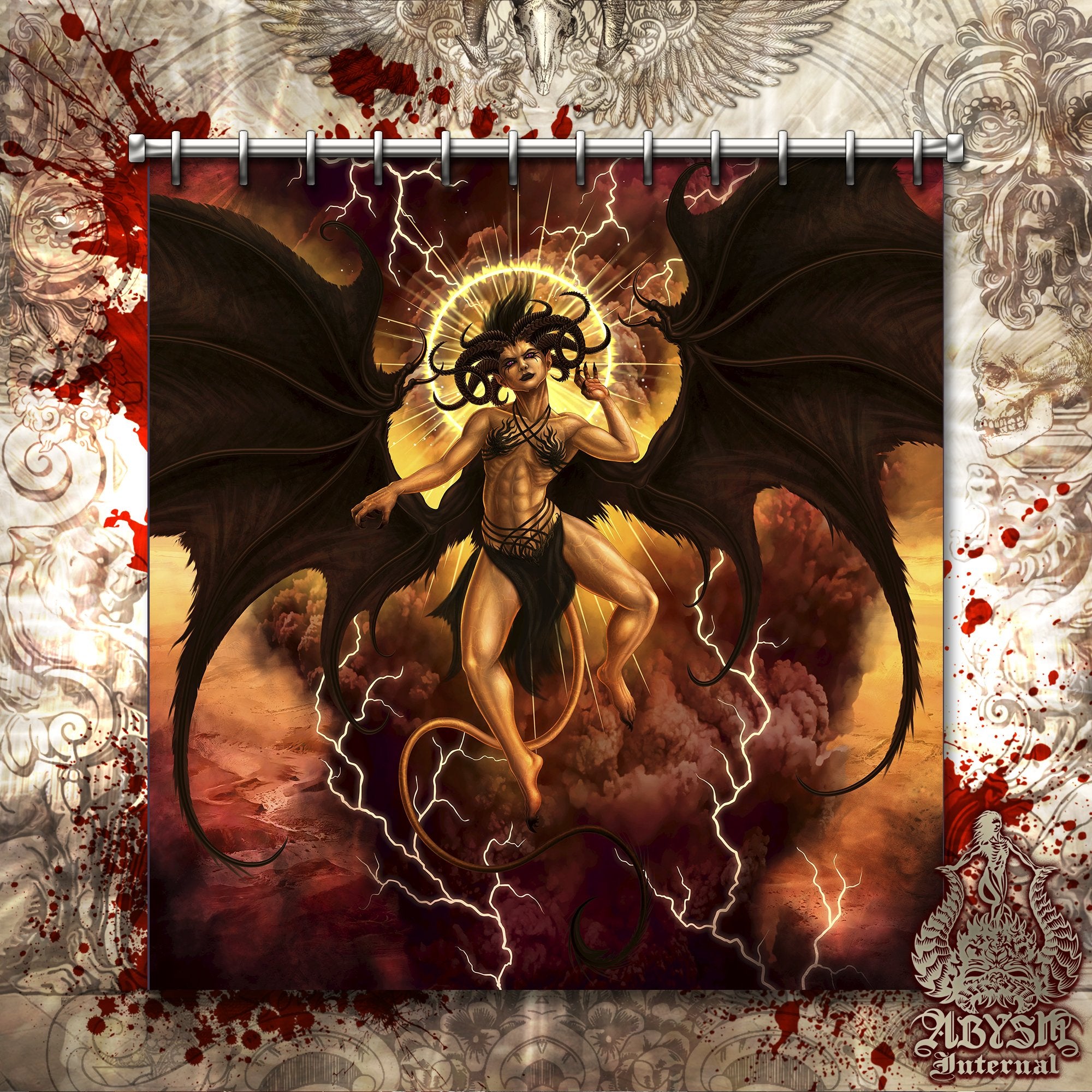 Lilith Shower Curtain, 71x74 inches, Demon Art, NSFW Satanic Bathroom Decor, Dark and Erotic Fantasy - Clothed, Semi, Nude, 3 Options - Abysm Internal