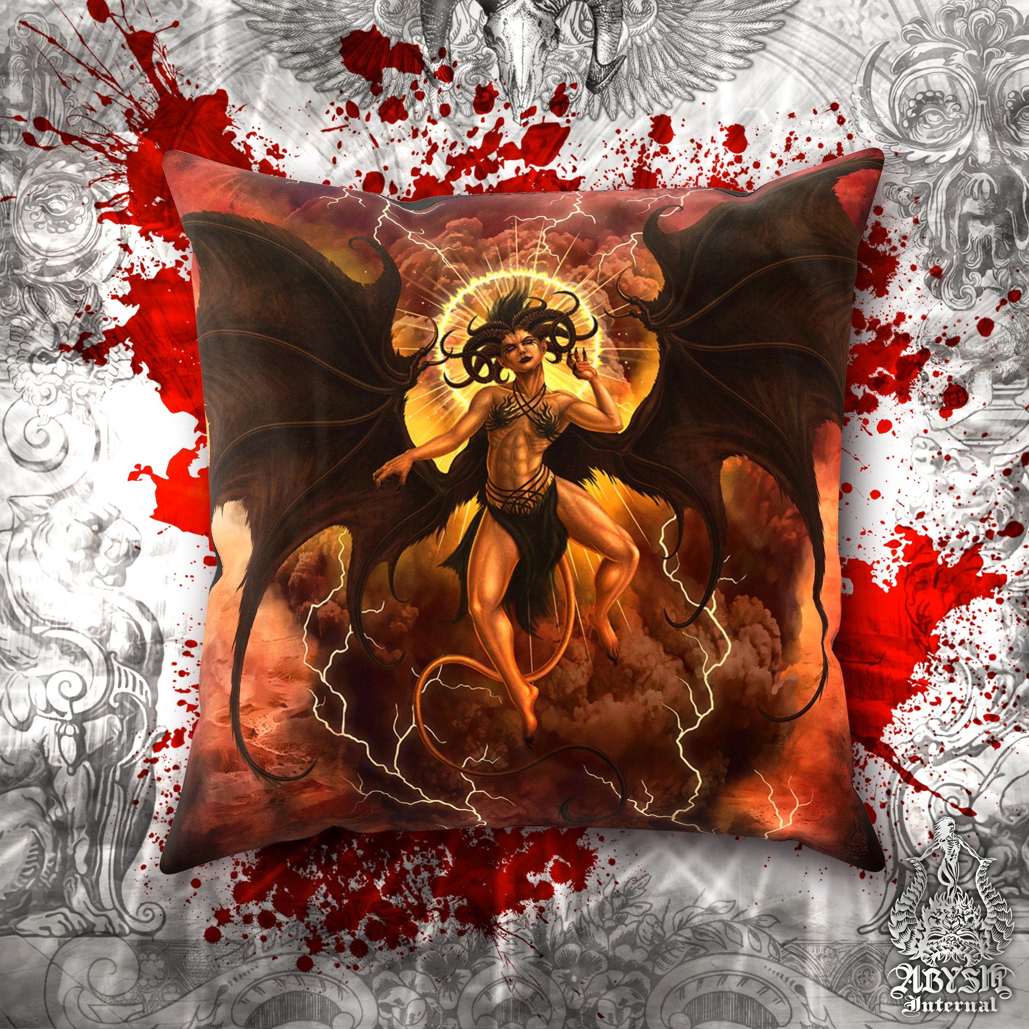 Lilith Throw Pillow, Decorative Accent Pillow, Square Cushion Cover, Demon, Game Room Decor, Dark Fantasy, Erotic Art, Alternative Home - Clothed, Semi, Nude, 3 versions - Abysm Internal