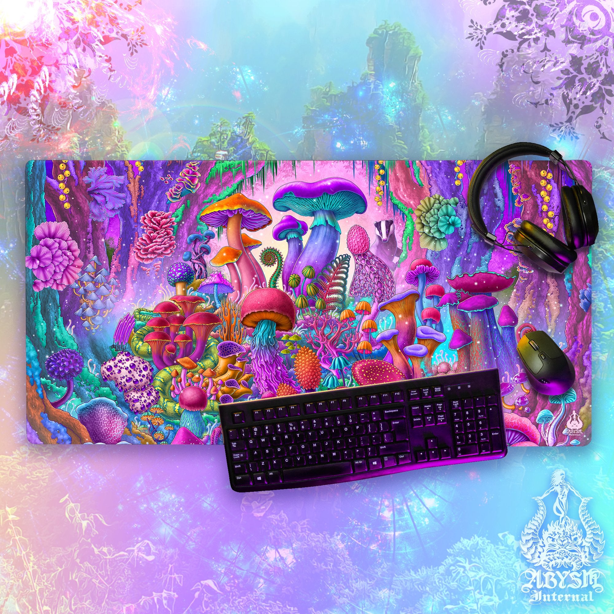 Magic Mushrooms Desk Mat, Psychedelic Shrooms Gaming Mouse Pad, Pastel Table Protector Cover, Colorful Workpad - Abysm Internal