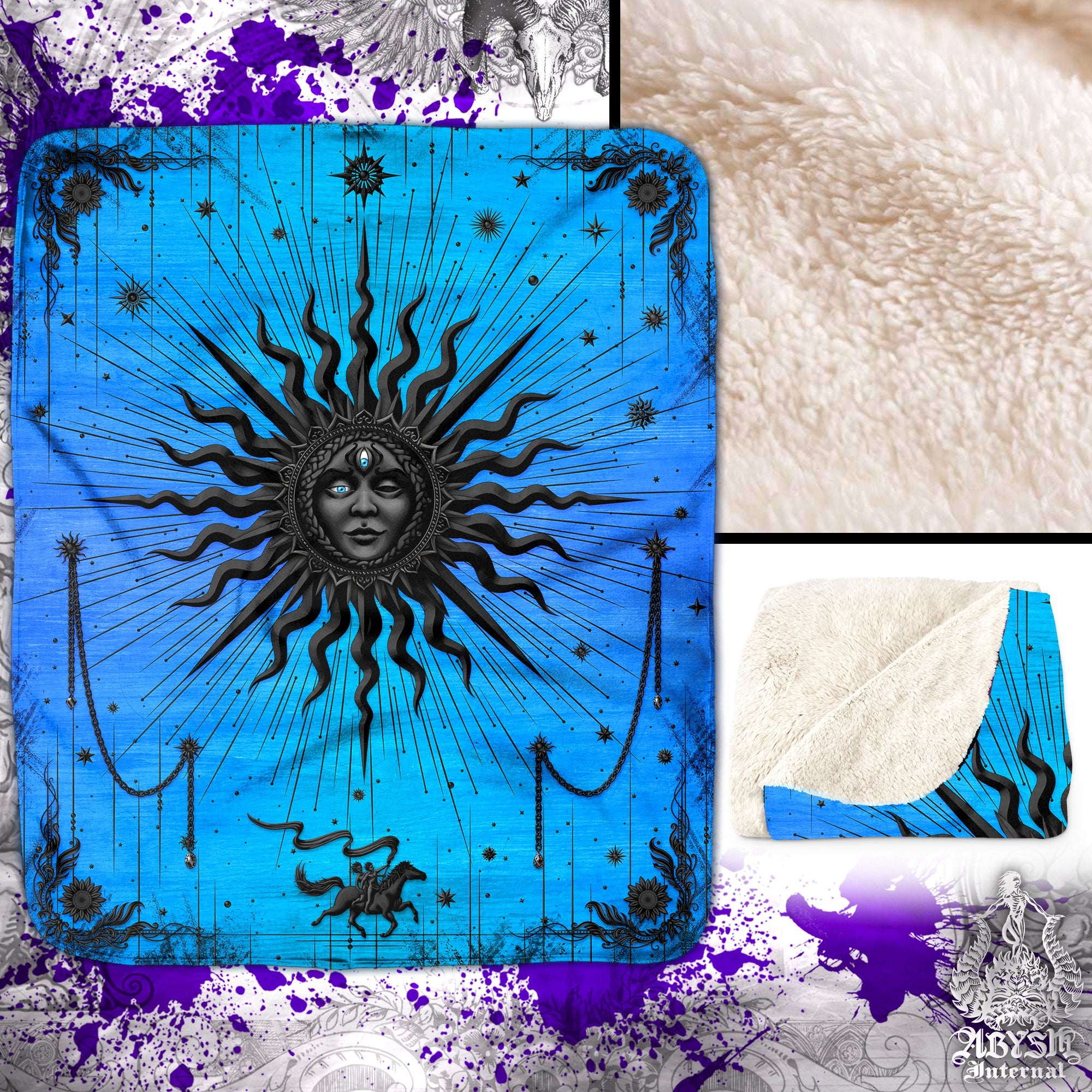 Magic Sun Sherpa Fleece Throw Blanket, Fortune Teller Esoteric Room, Tarot Arcana Art Gift, Good Witch Home Decor - Cyan Blue Black - Abysm Internal