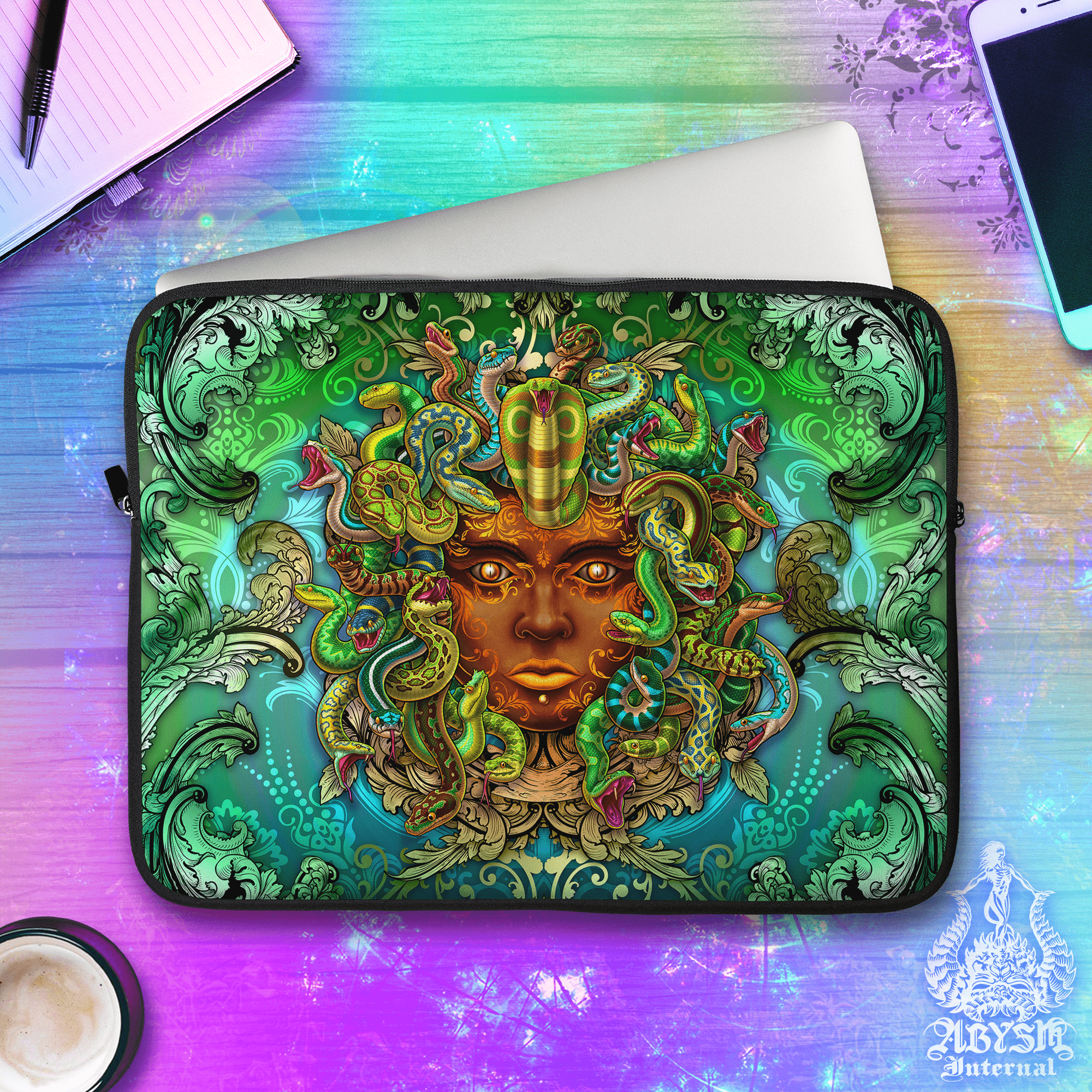 Medusa Laptop Case – Pagan Goddess, Nature, 13" & 15", Fantasy Art, Printed Padded Soft Sleeve - Abysm Internal