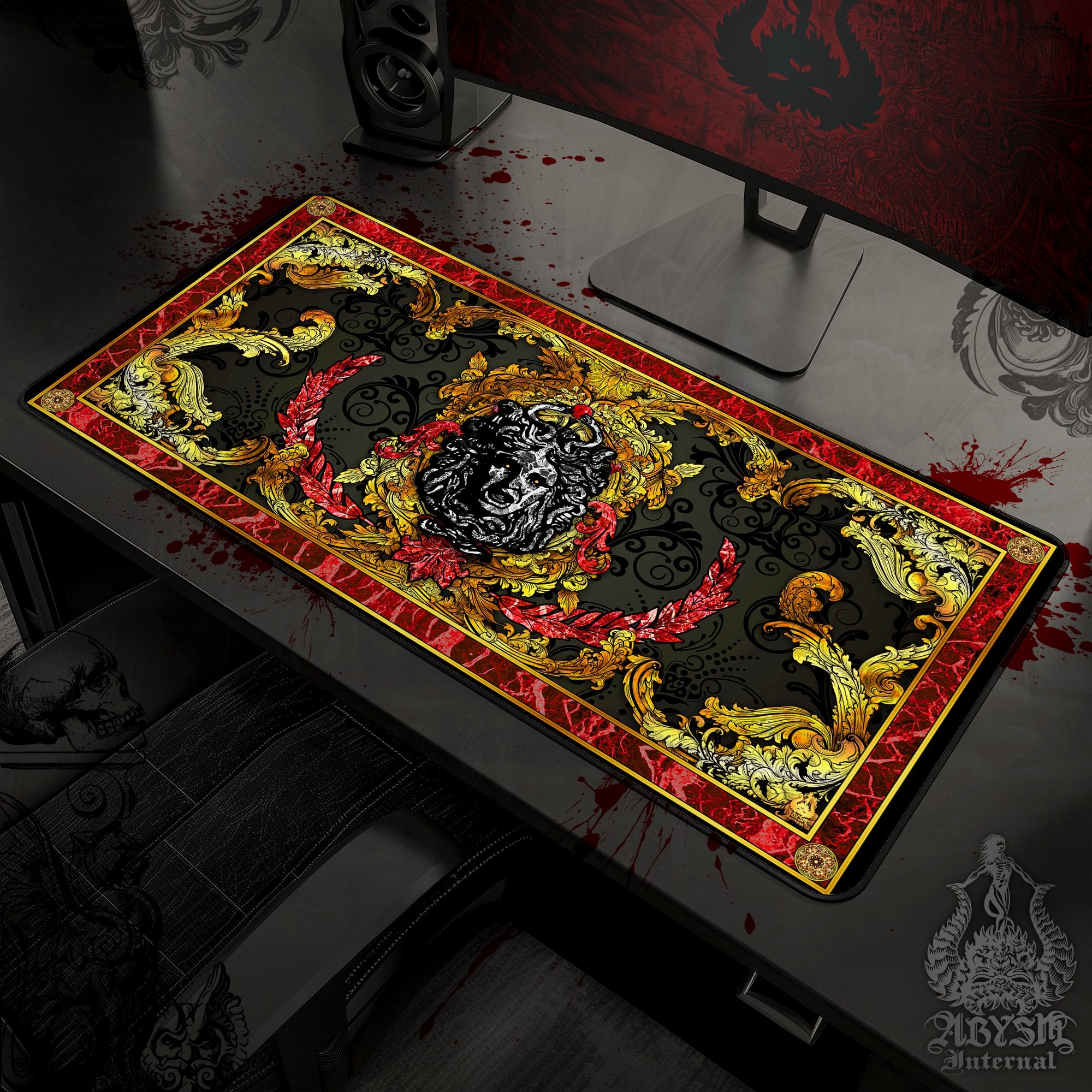 Medusa Mouse Pad, Ornamented Gaming Desk Mat, Baroque Workpad, Vintage Table Protector Cover, Art Print - Abysm Internal