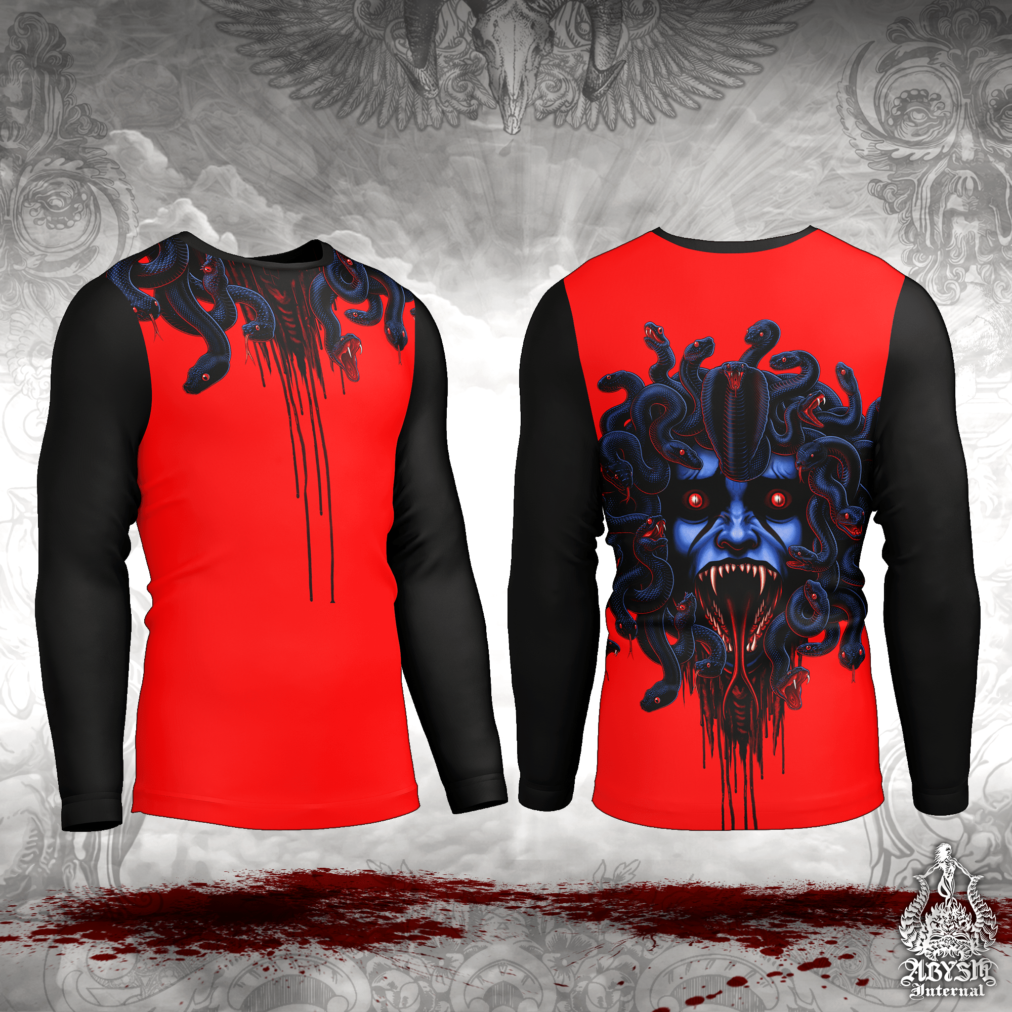 Medusa Rash Guard - Neon Red Long Sleeve Surf Shirt, Horror Gorgon Sports Top | Mythology Fantasy Art UV Protection Activewear for Men and Women - Abysm Internal