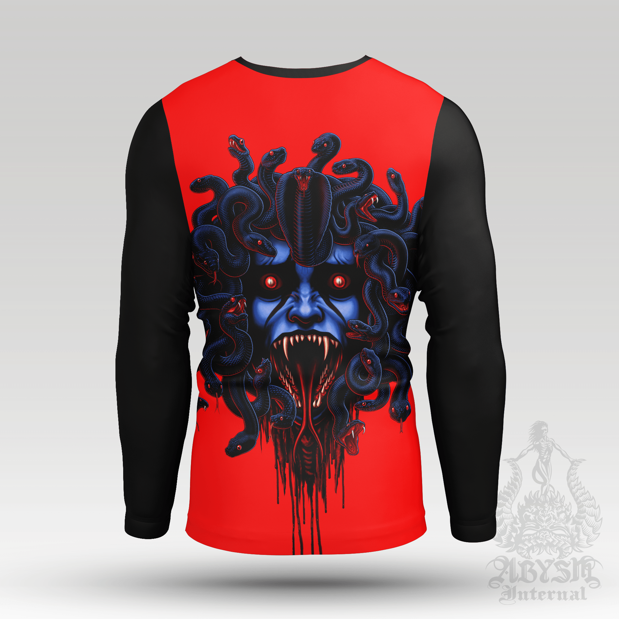 Medusa Rash Guard - Neon Red Long Sleeve Surf Shirt, Horror Gorgon Sports Top | Mythology Fantasy Art UV Protection Activewear for Men and Women - Abysm Internal