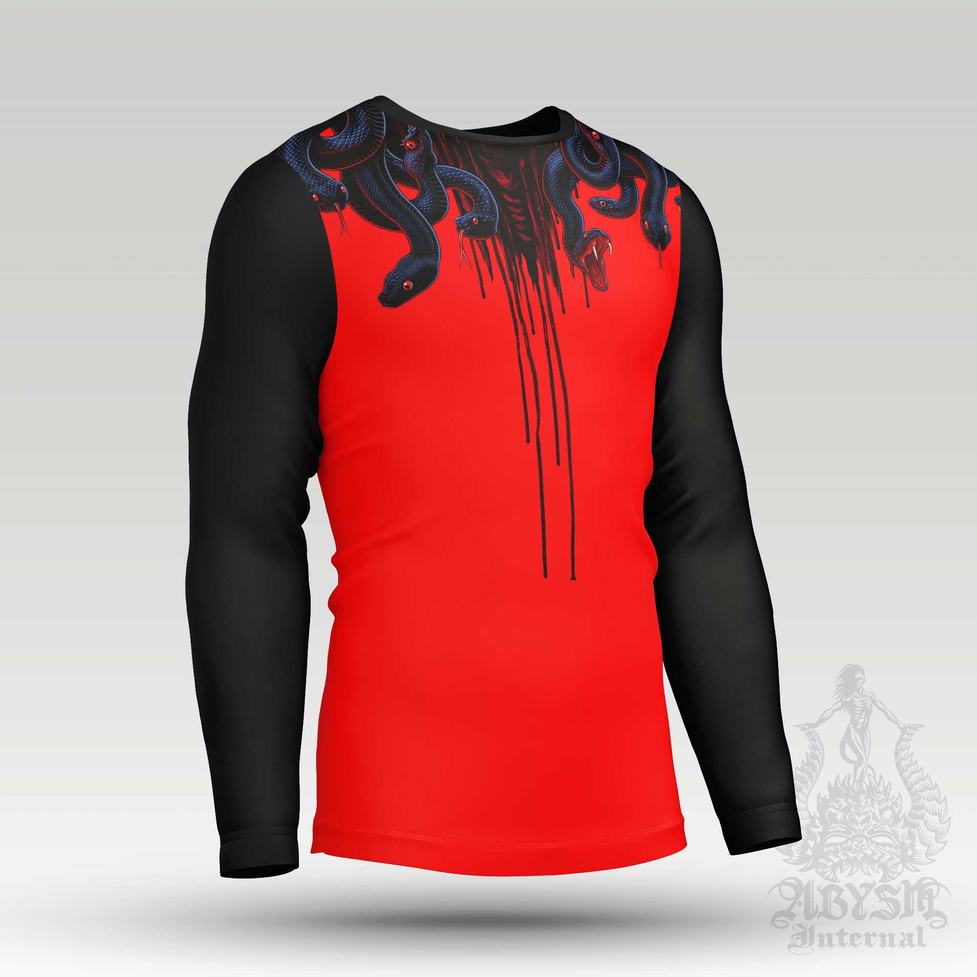 Medusa Rash Guard - Neon Red Long Sleeve Surf Shirt, Horror Gorgon Sports Top | Mythology Fantasy Art UV Protection Activewear for Men and Women - Abysm Internal