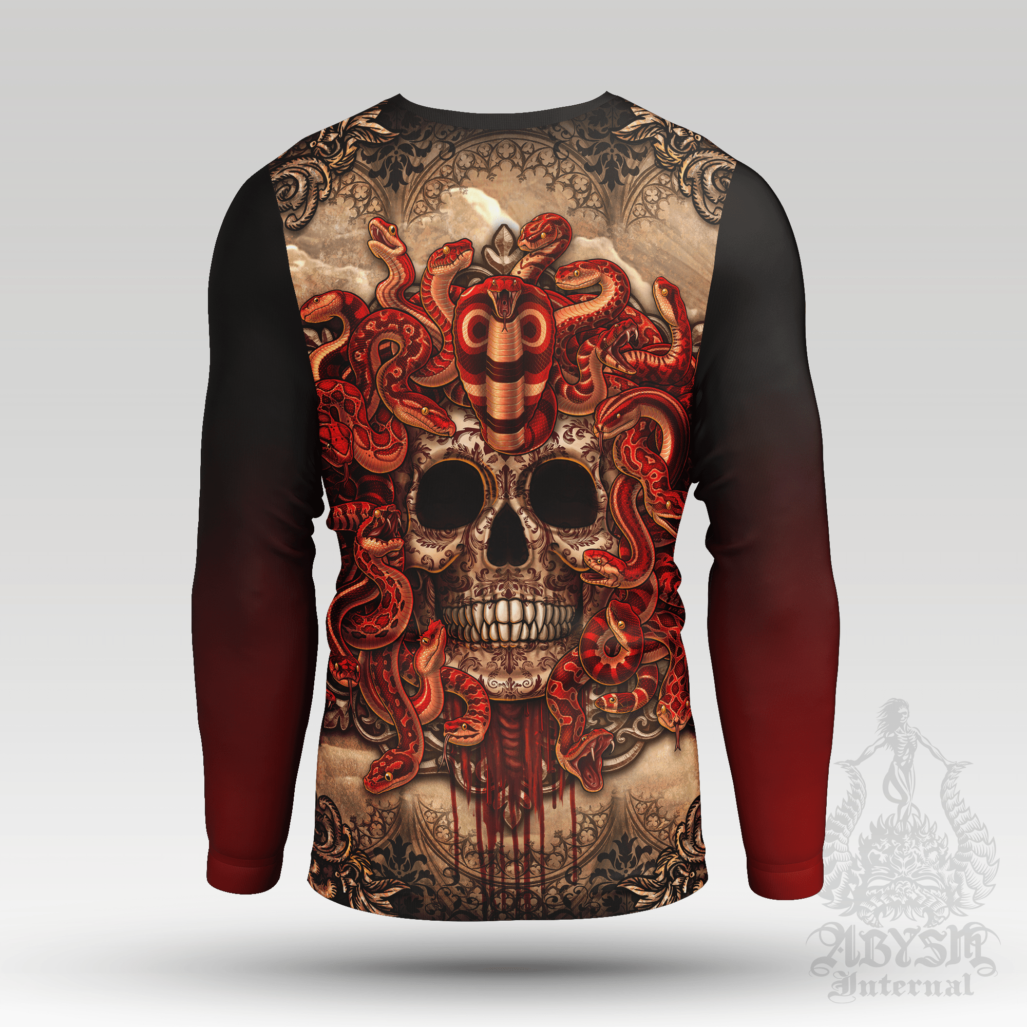 Medusa Skull Rash Guard - Goth Horror Long Sleeve Surf Shirt, Beige Gothic Gorgon Sports Top | Mythology Fantasy Art UV Protection Activewear for Men and Women - Abysm Internal