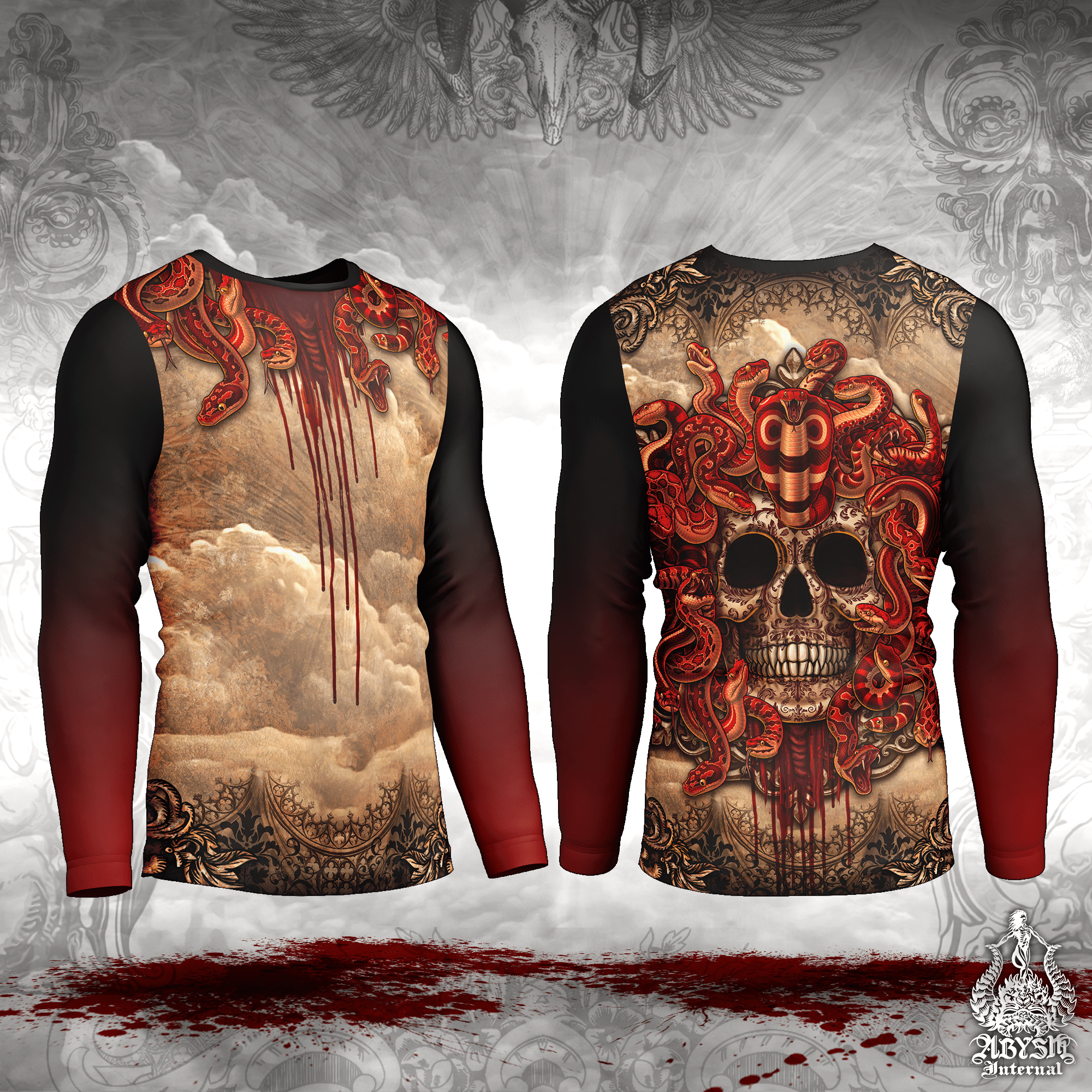 Medusa Skull Rash Guard - Goth Horror Long Sleeve Surf Shirt, Beige Gothic Gorgon Sports Top | Mythology Fantasy Art UV Protection Activewear for Men and Women - Abysm Internal