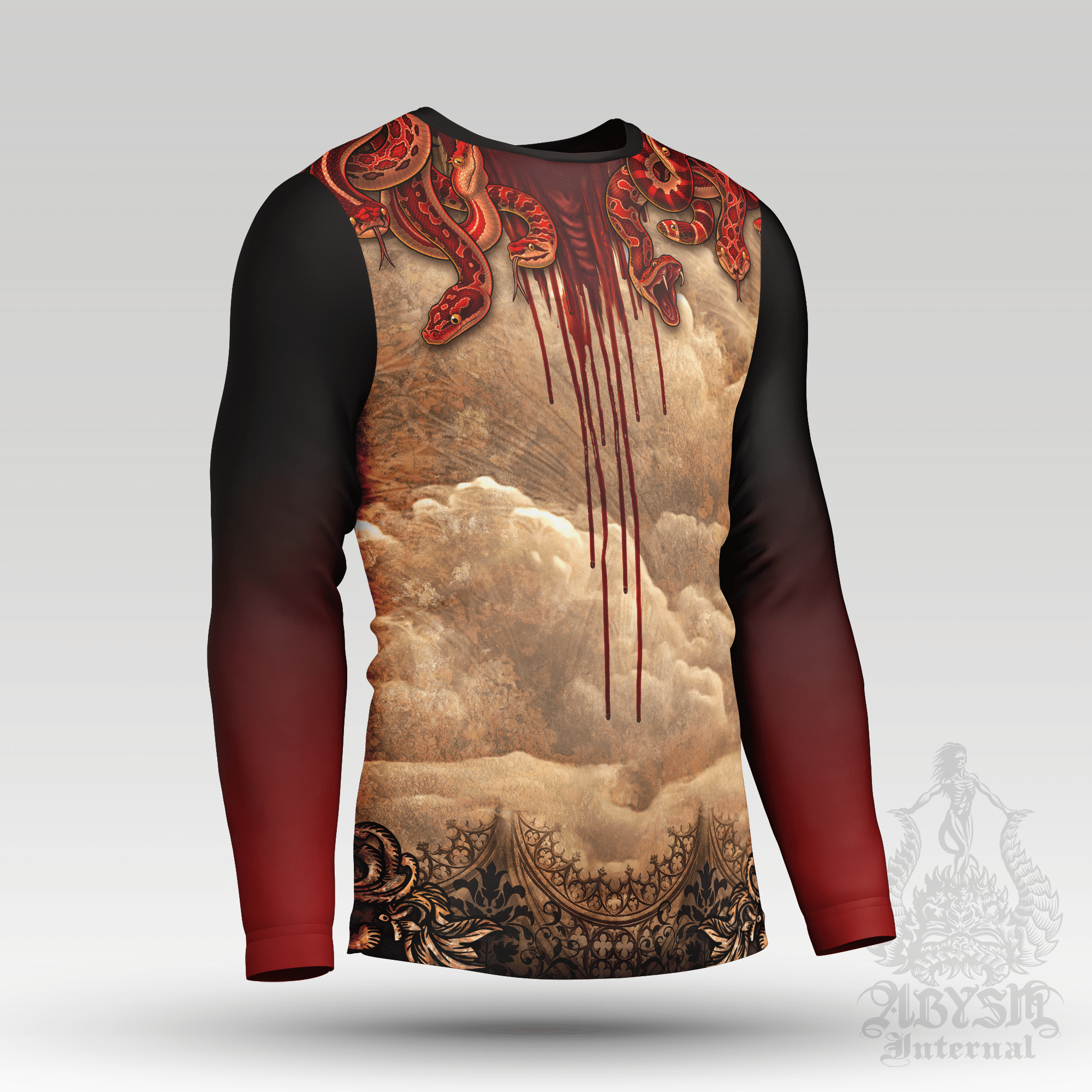 Medusa Skull Rash Guard - Goth Horror Long Sleeve Surf Shirt, Beige Gothic Gorgon Sports Top | Mythology Fantasy Art UV Protection Activewear for Men and Women - Abysm Internal