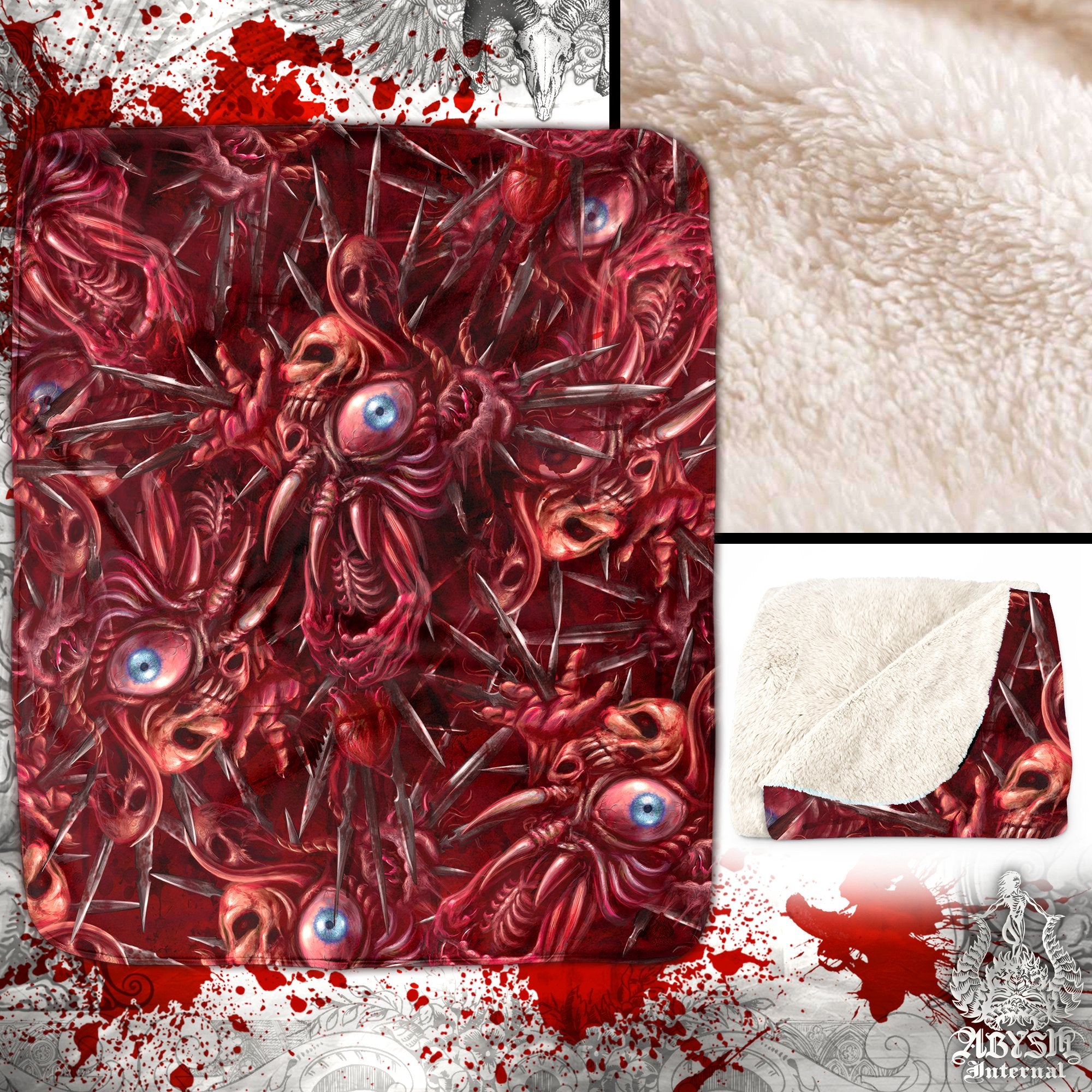 Monster Eyeballs Sherpa Fleece Throw Blanket, Halloween Horror Home Decor - Gore and Blood Cross - Abysm Internal