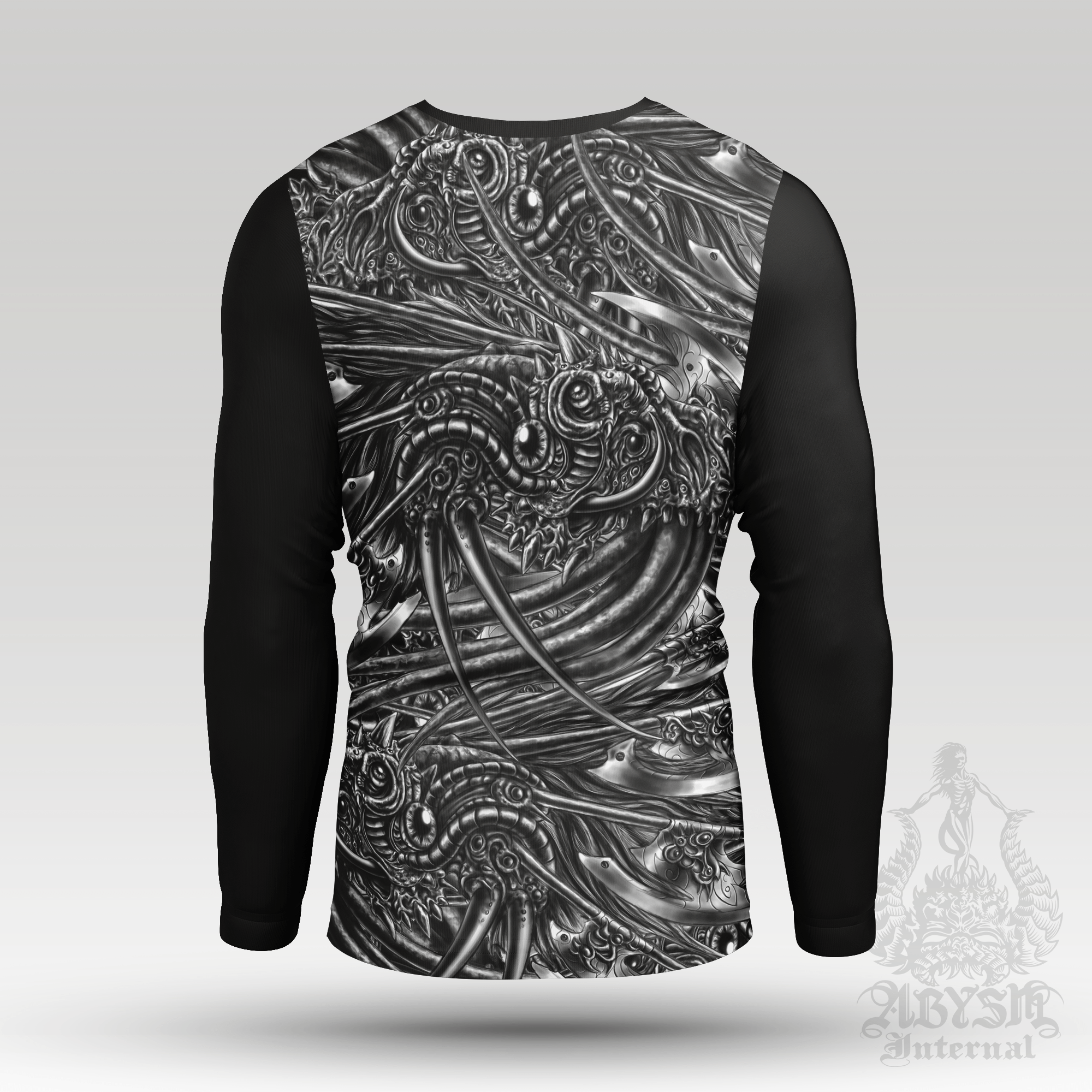 Monster Rash Guard - Alien Long Sleeve Surf Shirt, Black and White Gothic Sports Top | Biopunk Art UV Protection Activewear for Men and Women - Abysm Internal