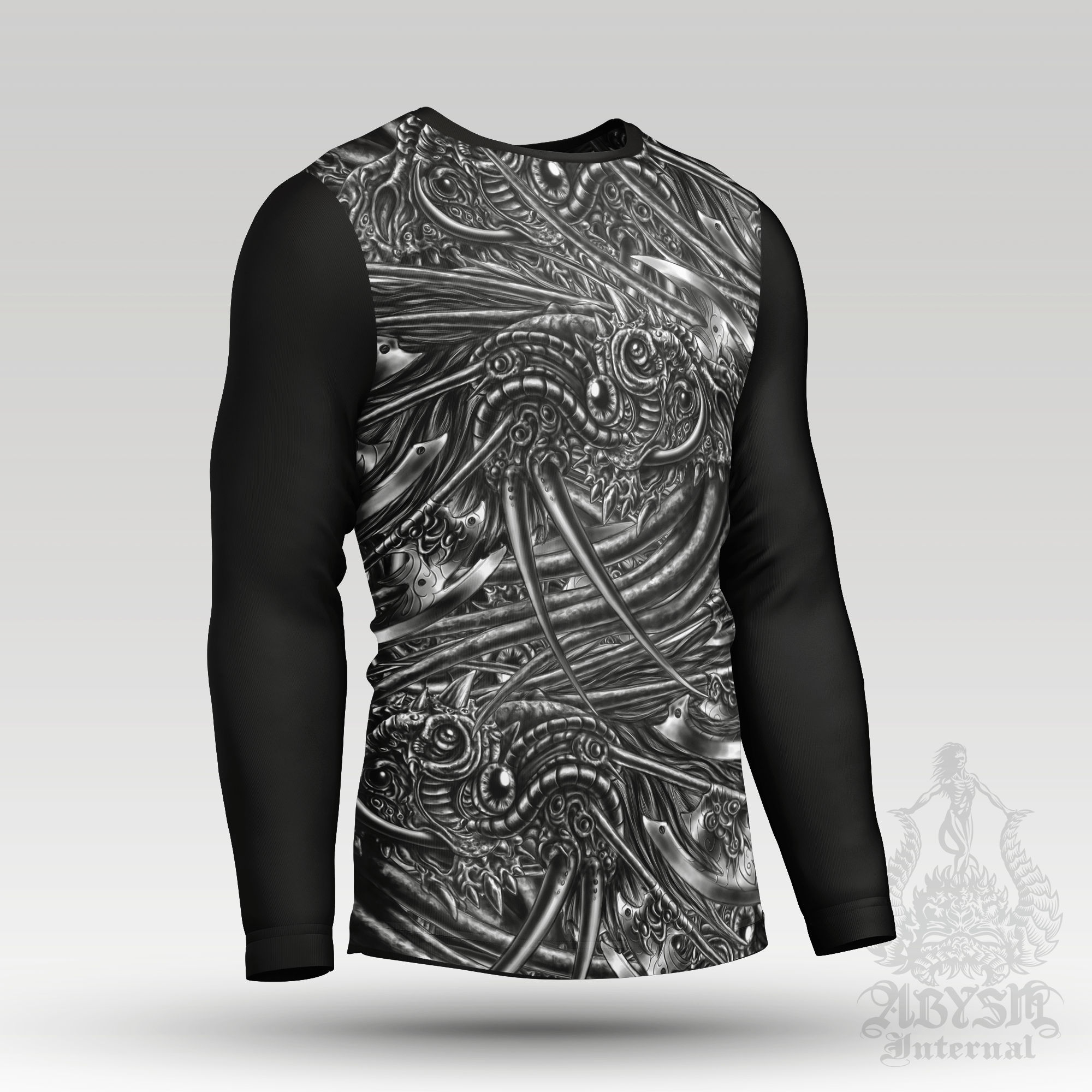 Monster Rash Guard - Alien Long Sleeve Surf Shirt, Black and White Gothic Sports Top | Biopunk Art UV Protection Activewear for Men and Women - Abysm Internal