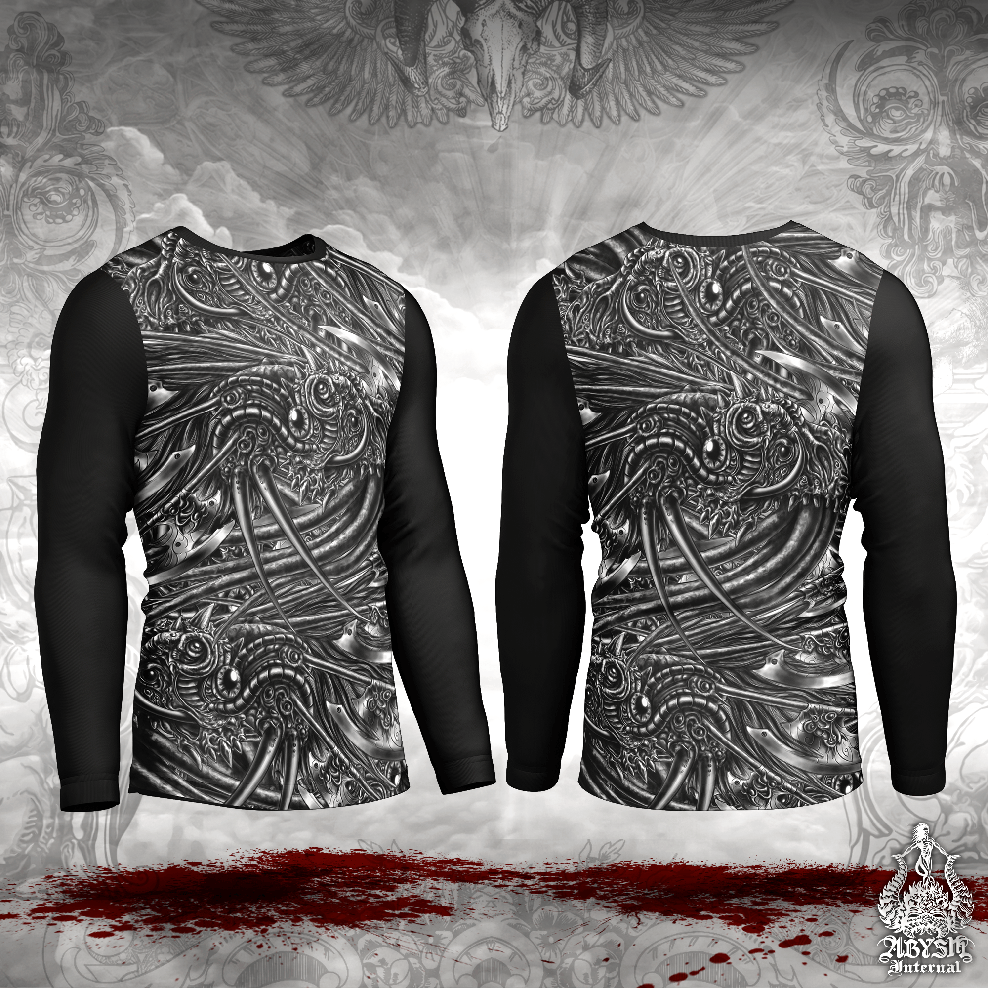 Monster Rash Guard - Alien Long Sleeve Surf Shirt, Black and White Gothic Sports Top | Biopunk Art UV Protection Activewear for Men and Women - Abysm Internal