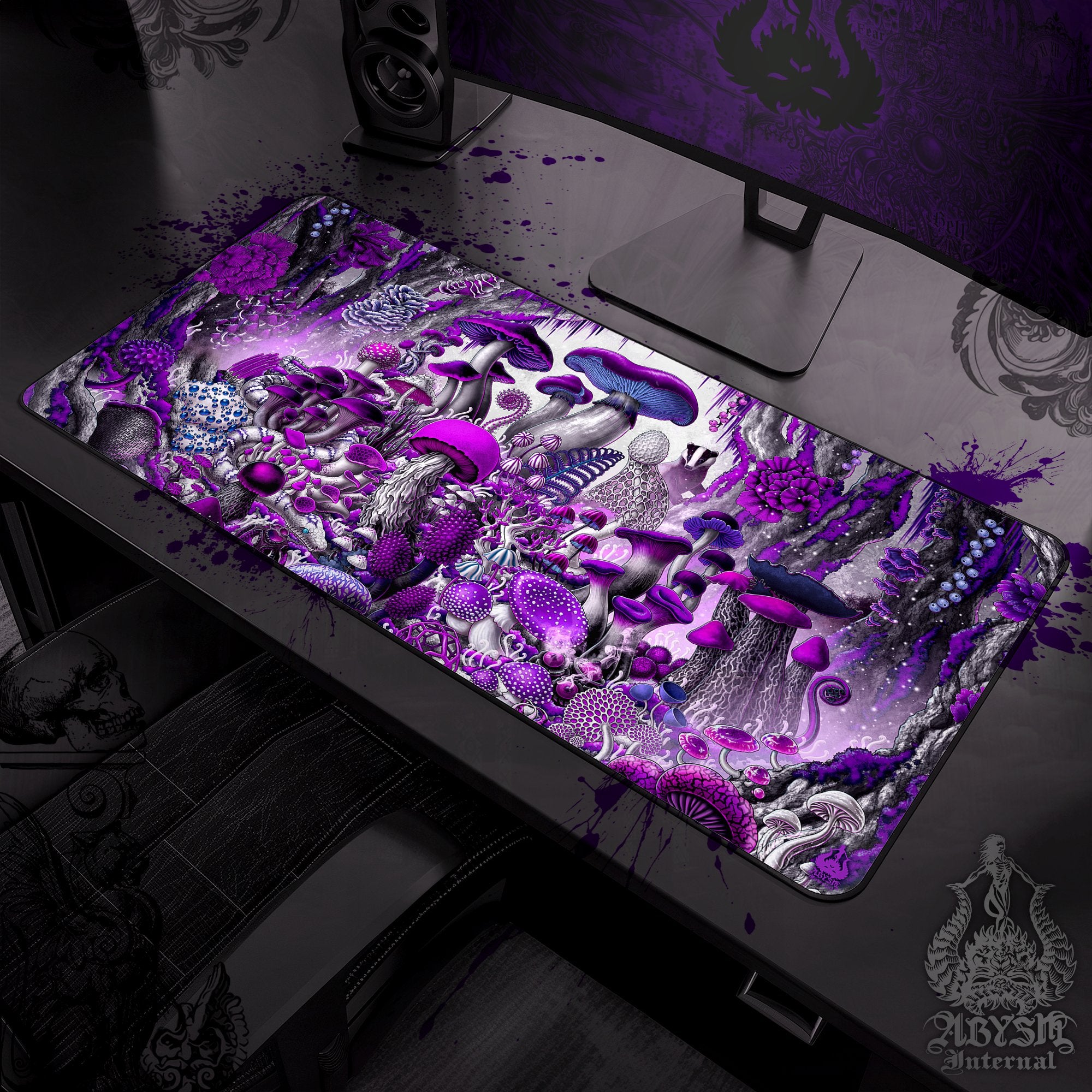 Mushrooms Gaming Mouse Pad, White Goth Desk Mat, Magic Shrooms Table Protector Cover, Purple Workpad - Abysm Internal