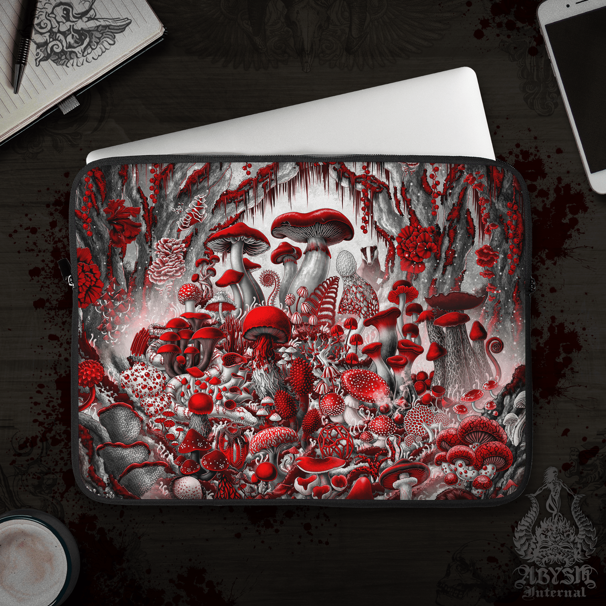Mushrooms Laptop Case – Bloody White Goth Magic Forest, Red Serpent and Bagder, 13" & 15", Dark Fantasy Art, Printed Padded Soft Sleeve - Abysm Internal