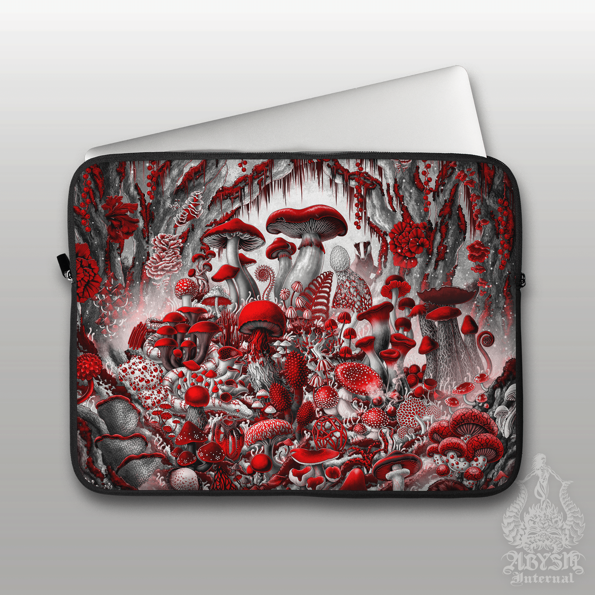Mushrooms Laptop Case – Bloody White Goth Magic Forest, Red Serpent and Bagder, 13" & 15", Dark Fantasy Art, Printed Padded Soft Sleeve - Abysm Internal