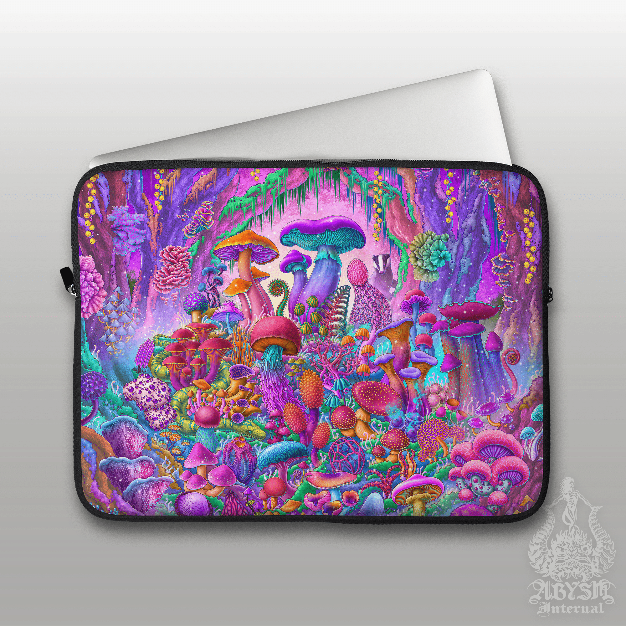 Mushrooms Laptop Case – Harajuku Aesthetic Pastel Magic Forest, Psychedelic Serpent and Bagder, 13" & 15", Colorful Fantasy Art, Printed Padded Soft Sleeve - Abysm Internal