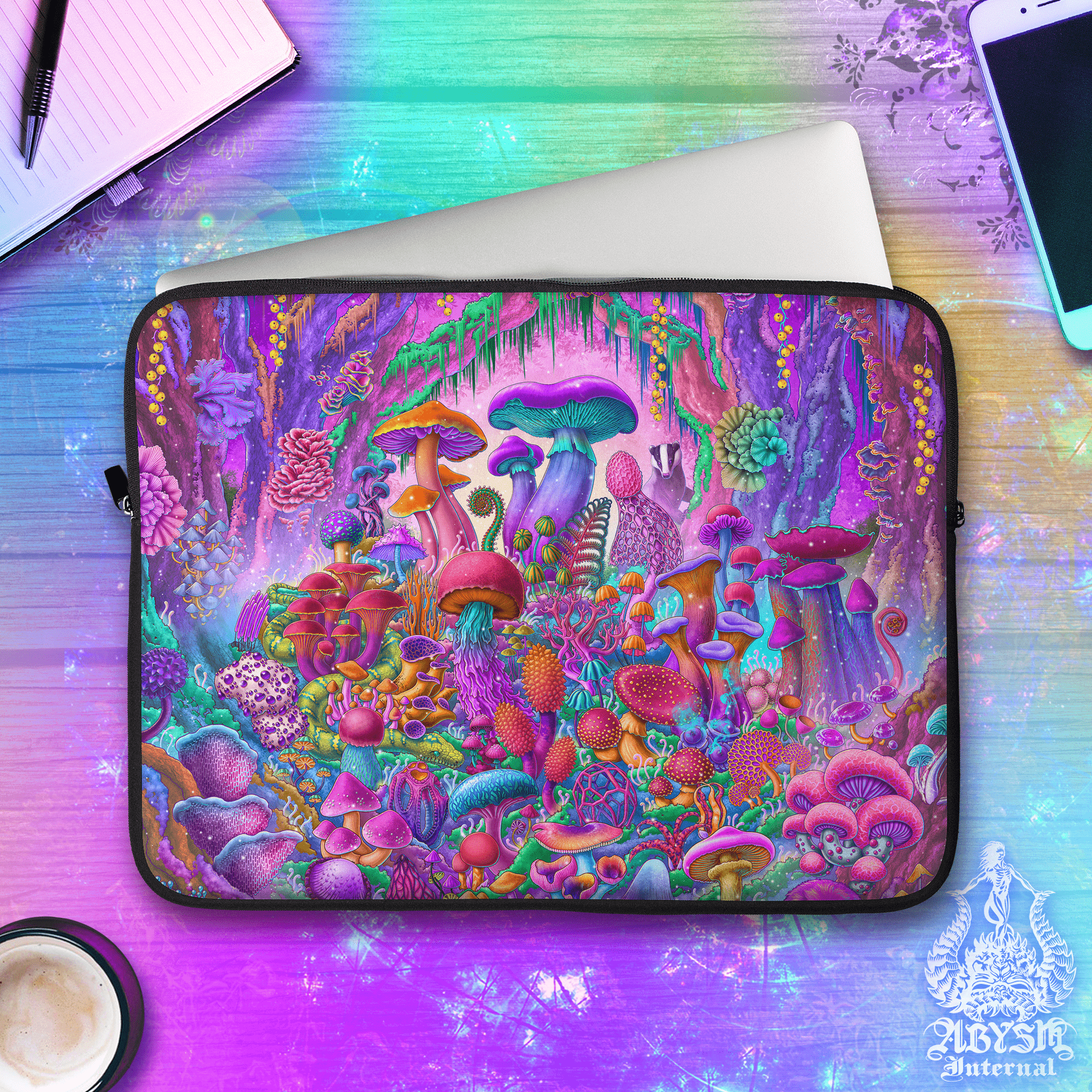 Mushrooms Laptop Case – Harajuku Aesthetic Pastel Magic Forest, Psychedelic Serpent and Bagder, 13" & 15", Colorful Fantasy Art, Printed Padded Soft Sleeve - Abysm Internal