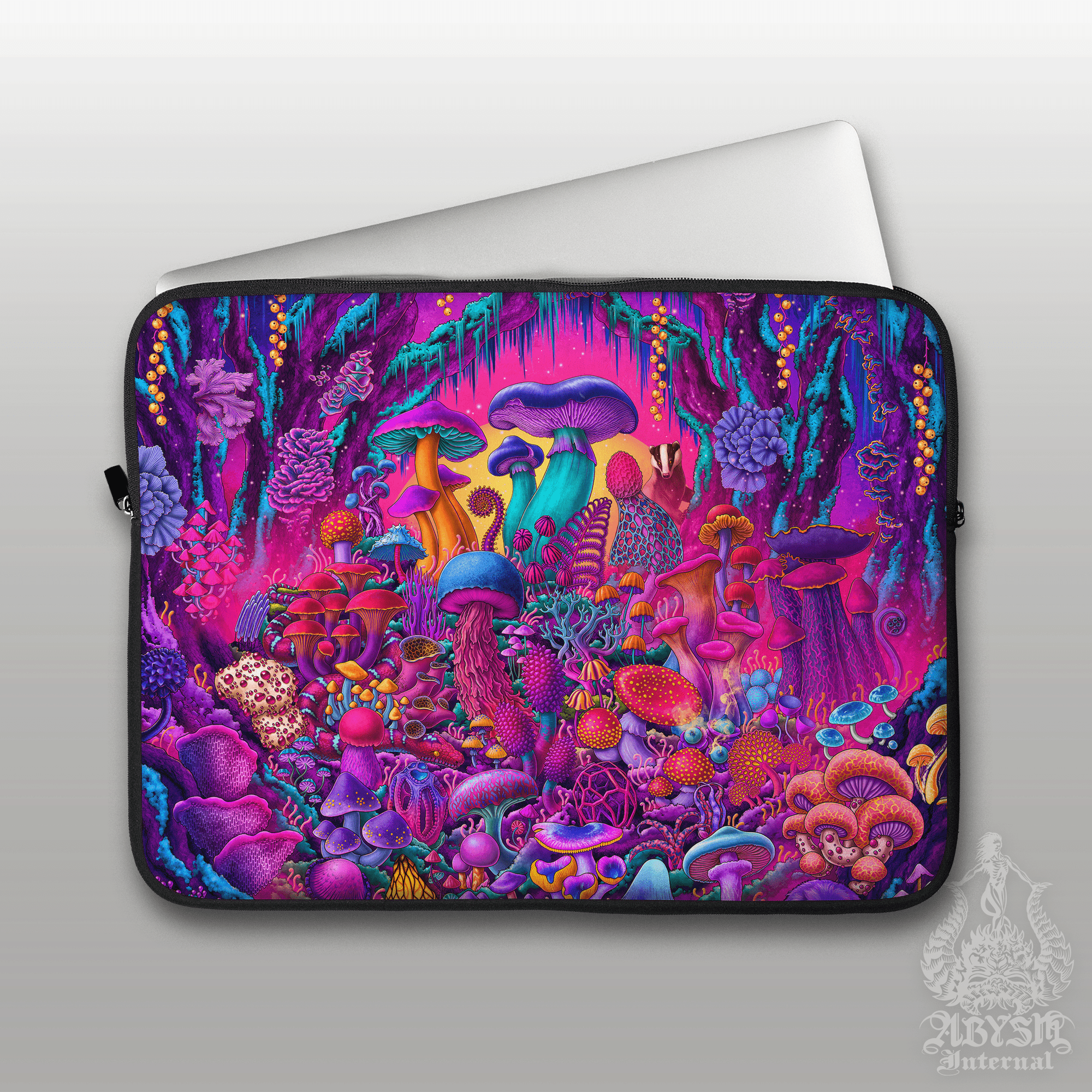 Mushrooms Laptop Case – Vaporwave Magic Forest, Psychedelic Retrowave Serpent and Bagder, 13" & 15", Colorful Fantasy Art, Printed Padded Soft Sleeve - Abysm Internal