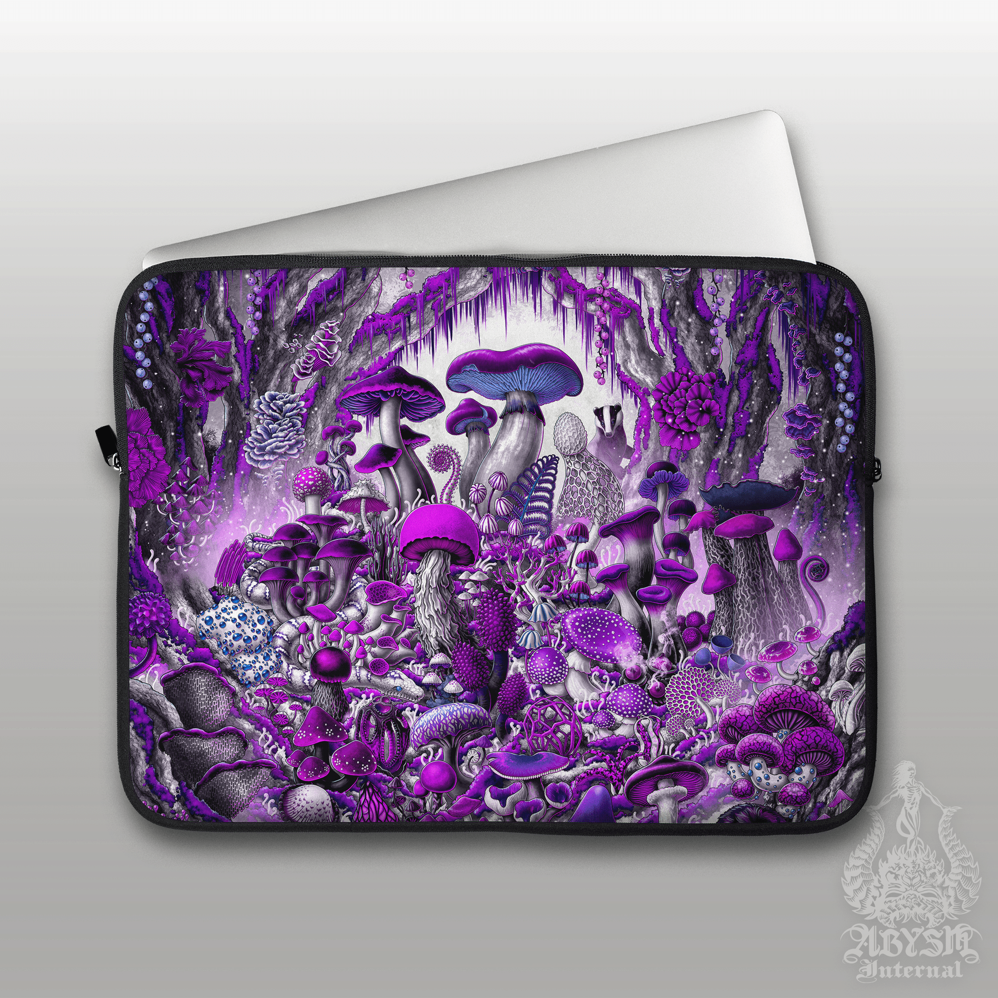 Mushrooms Laptop Case – White Goth Magic Forest, Purple Serpent and Bagder, 13" & 15", Dark Fantasy Art, Printed Padded Soft Sleeve - Abysm Internal