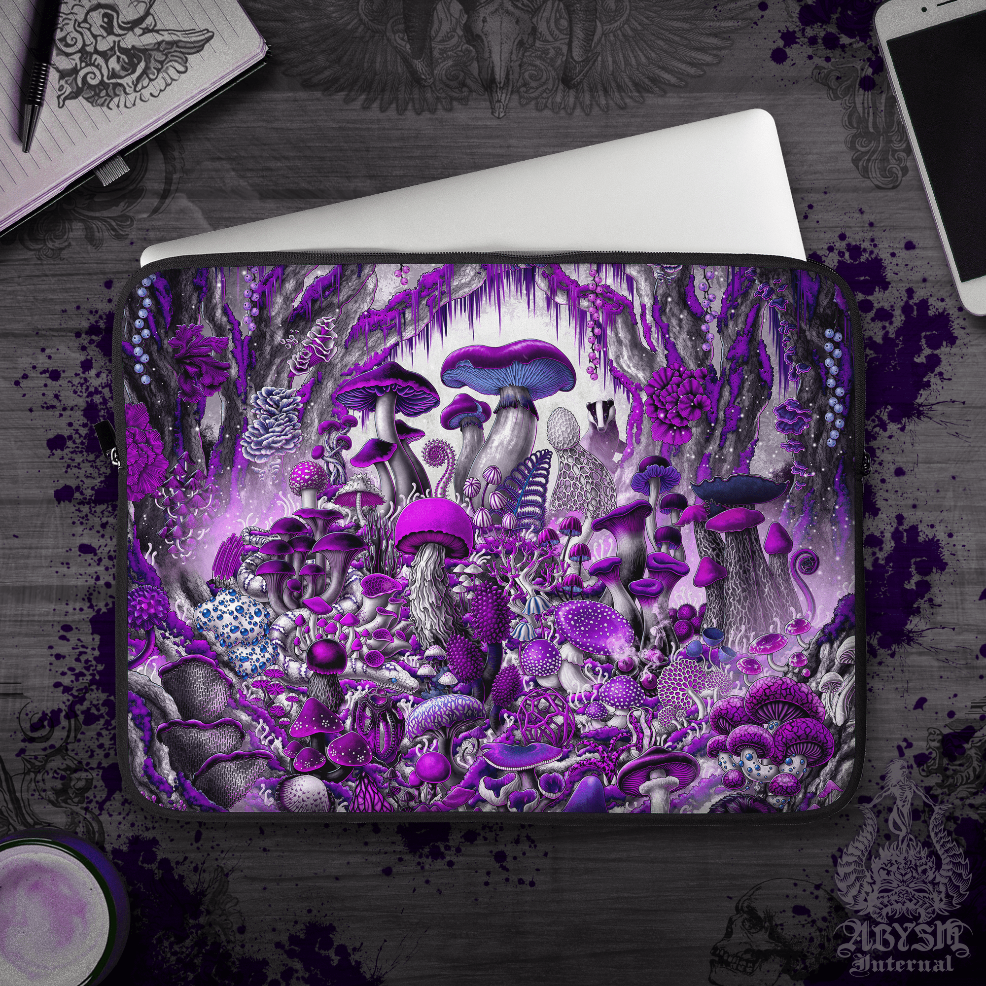 Mushrooms Laptop Case – White Goth Magic Forest, Purple Serpent and Bagder, 13" & 15", Dark Fantasy Art, Printed Padded Soft Sleeve - Abysm Internal