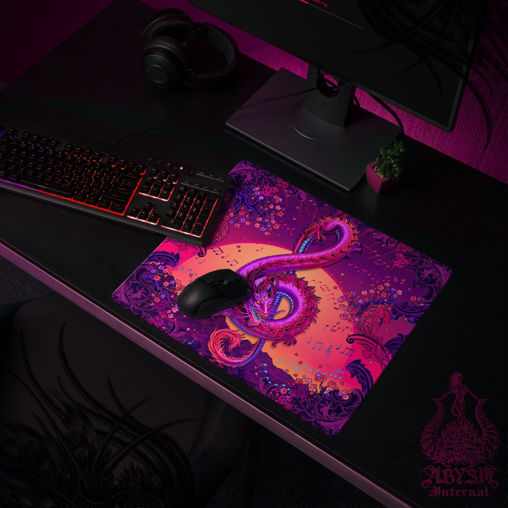Music Gaming Desk Mat, Psychedelic Dragon Mouse Pad, Trippy Asian Table Protector Cover, Vaporwave Workpad, Treble Clef Art Print - Abysm Internal