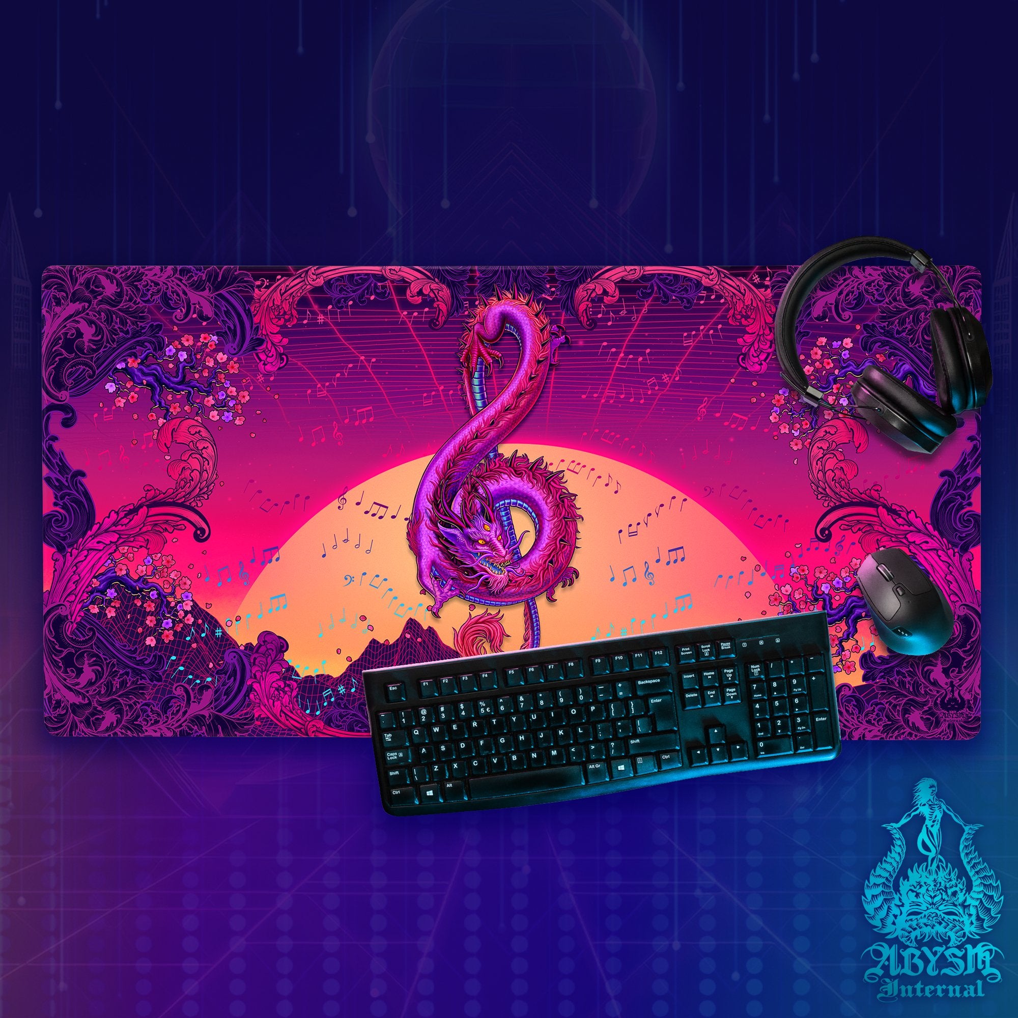 Music Gaming Desk Mat, Psychedelic Dragon Mouse Pad, Trippy Asian Table Protector Cover, Vaporwave Workpad, Treble Clef Art Print - Abysm Internal