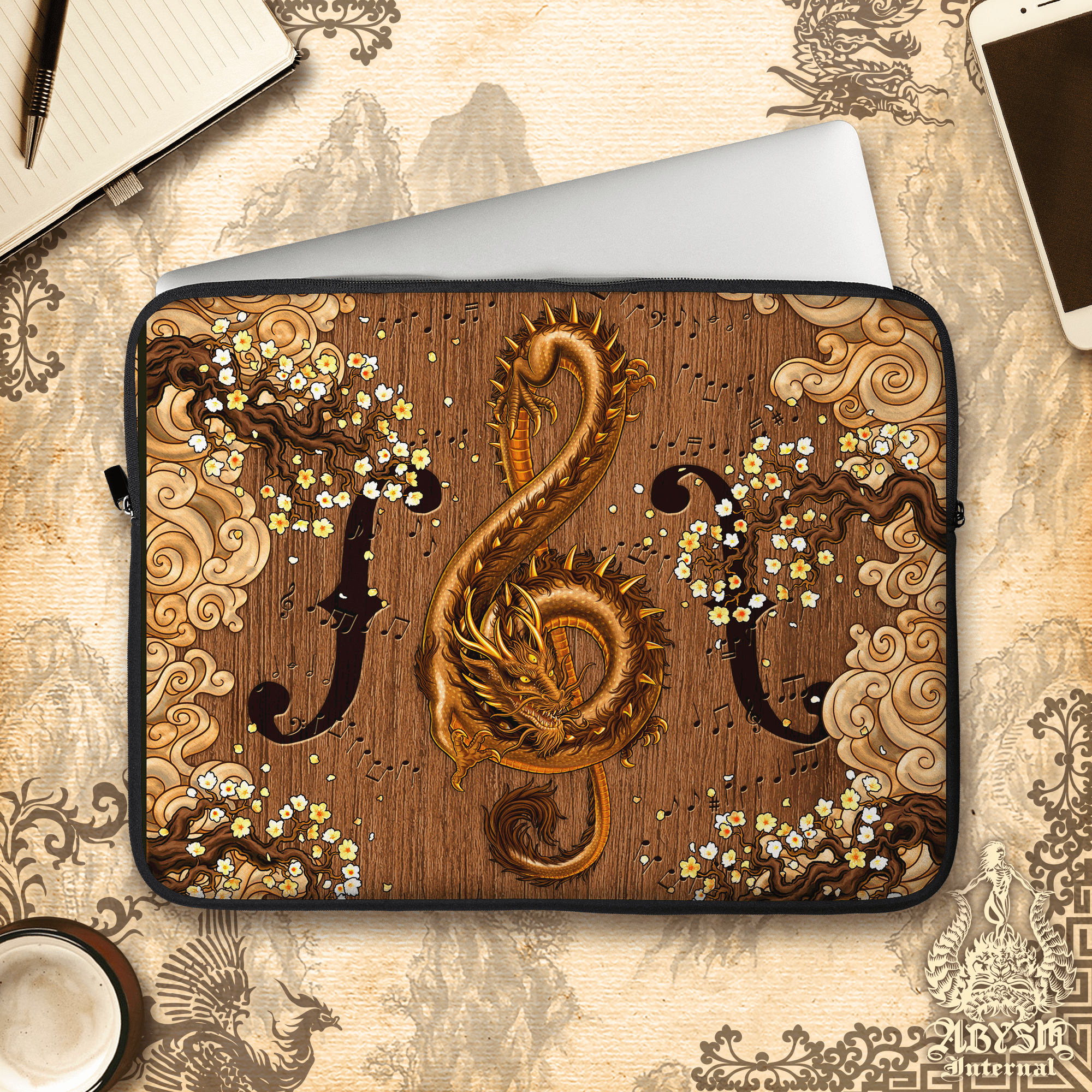 Music Laptop Case – Asian Dragon, Wood Treble Clef, 13" & 15", Fantasy Art, Printed Padded Soft Sleeve - Abysm Internal