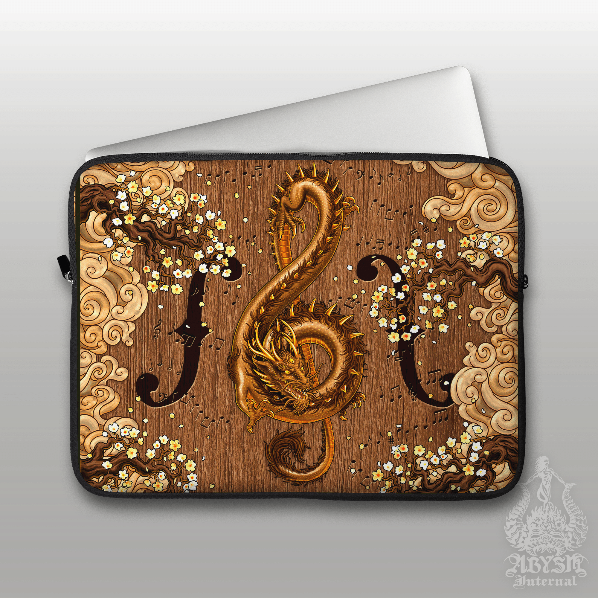 Music Laptop Case – Asian Dragon, Wood Treble Clef, 13" & 15", Fantasy Art, Printed Padded Soft Sleeve - Abysm Internal
