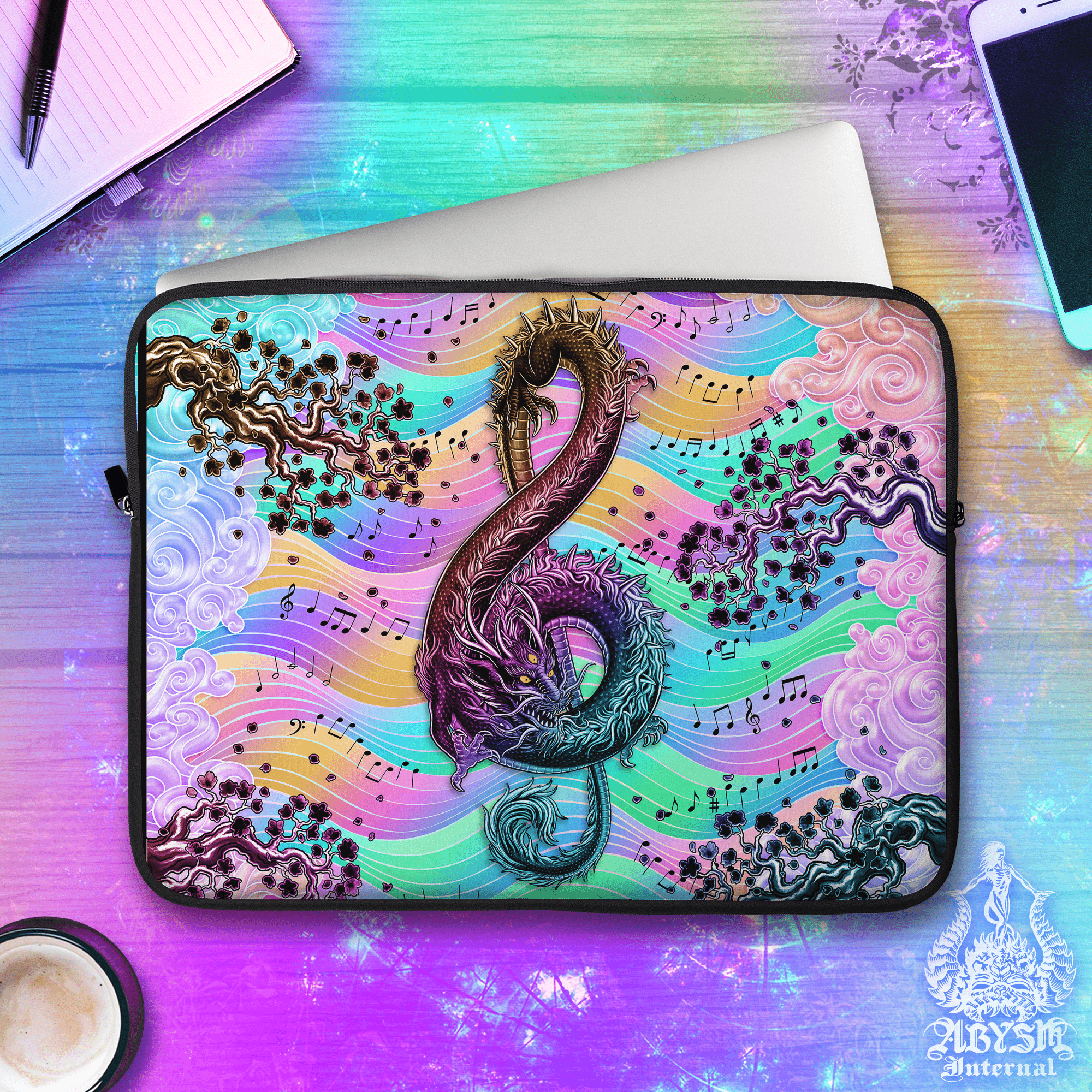 Music Laptop Case – Black Asian Dragon, Pastel Punk Treble Clef, 13" & 15", Colorful Fantasy Art, Printed Padded Soft Sleeve - Abysm Internal