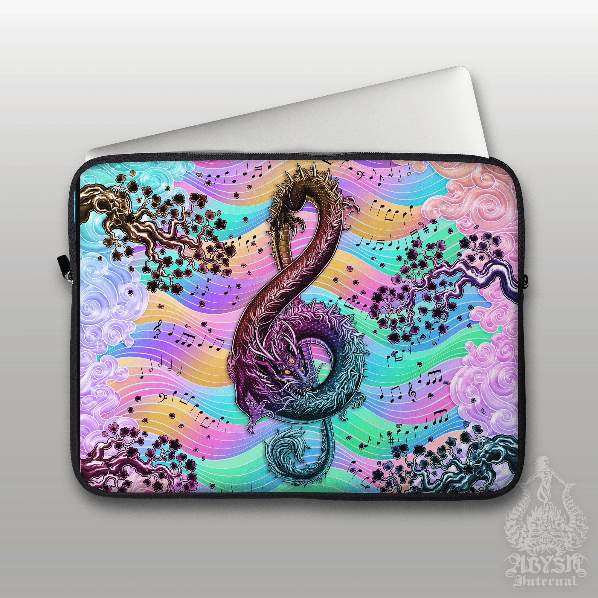 Music Laptop Case – Black Asian Dragon, Pastel Punk Treble Clef, 13" & 15", Colorful Fantasy Art, Printed Padded Soft Sleeve - Abysm Internal